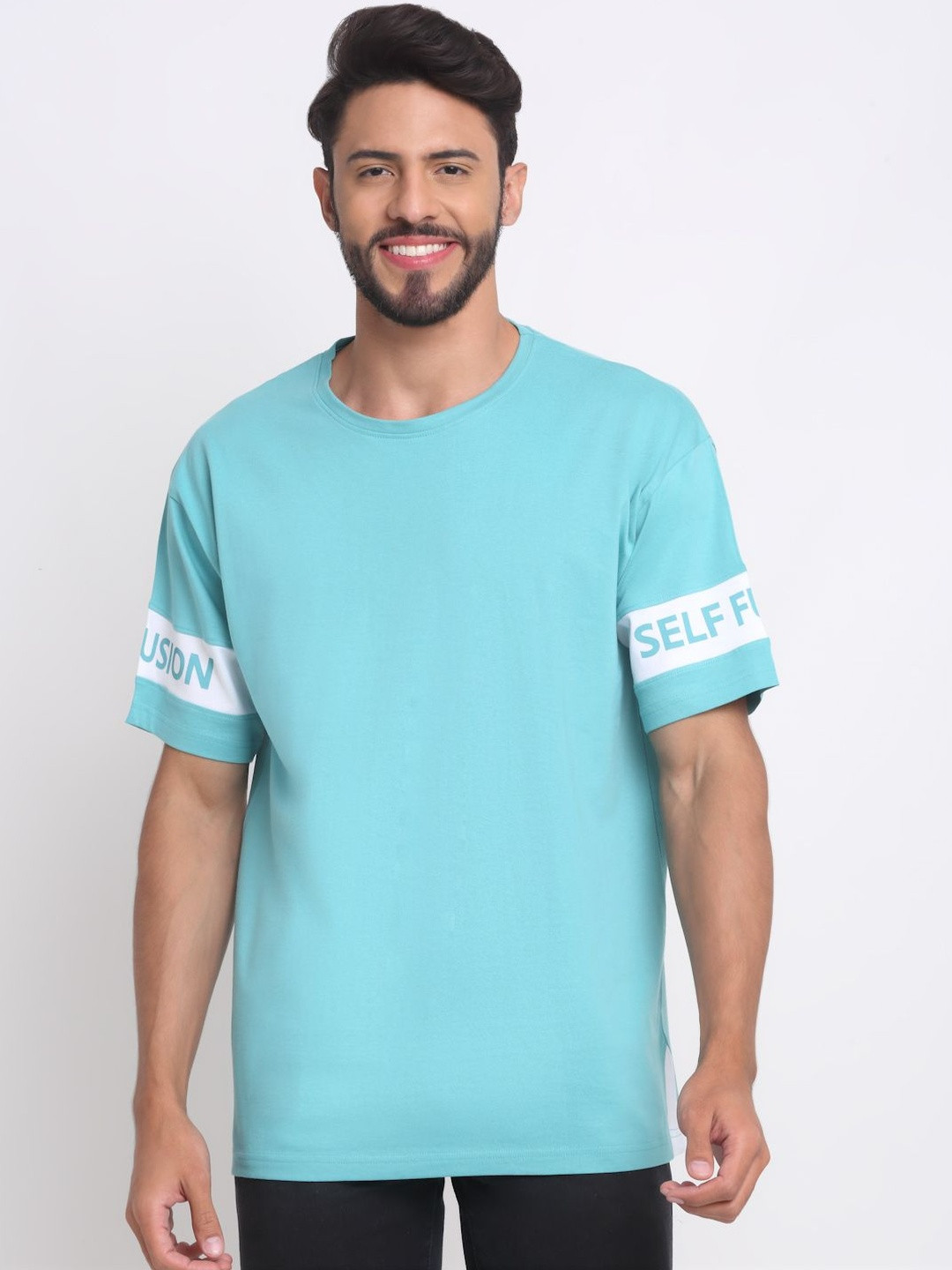 Selfusion Men Typography Printed Round Neck Cotton Relaxed Fit T-shirt