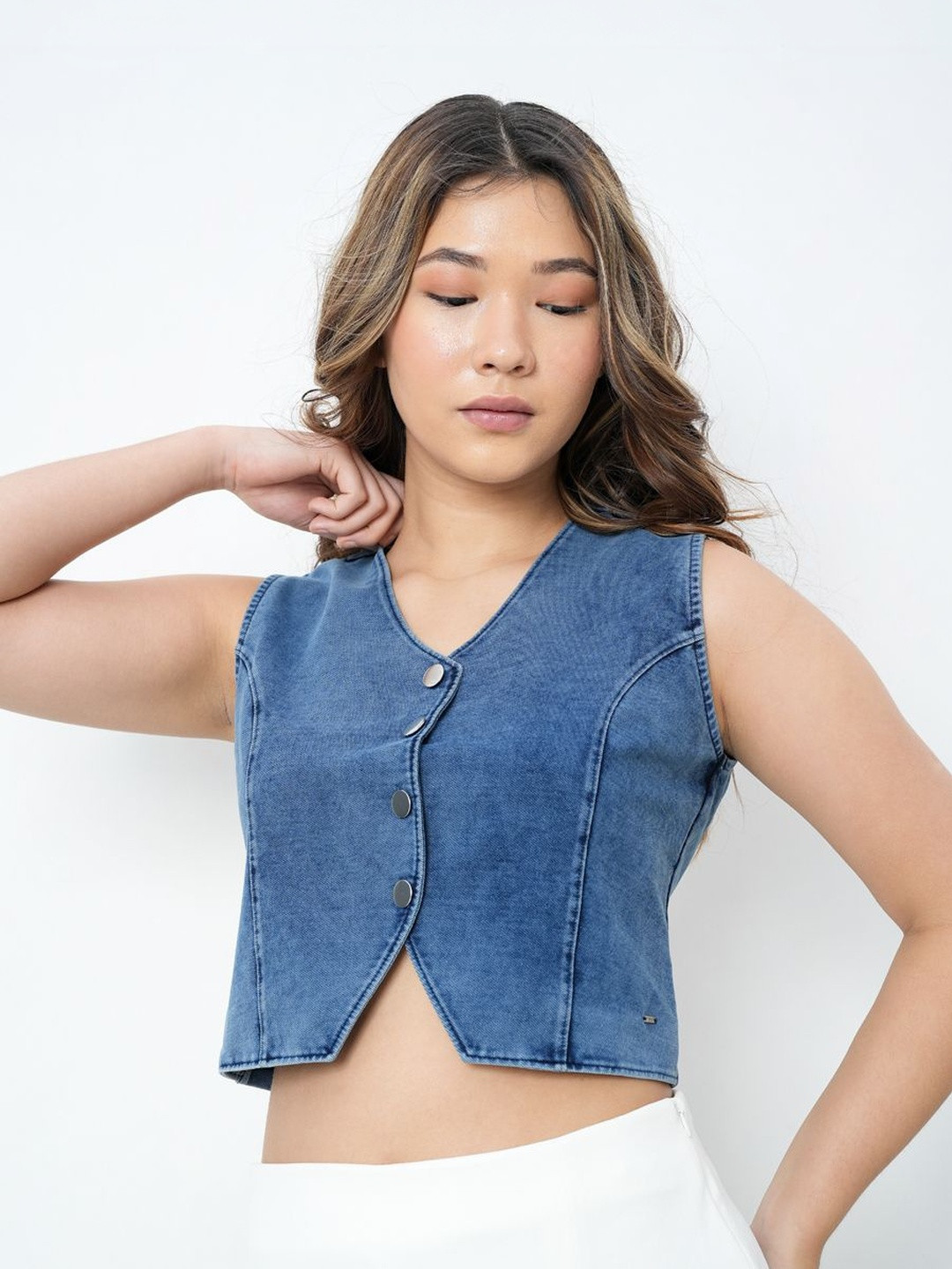 Bonnaty Women Denim Vest Crop Top