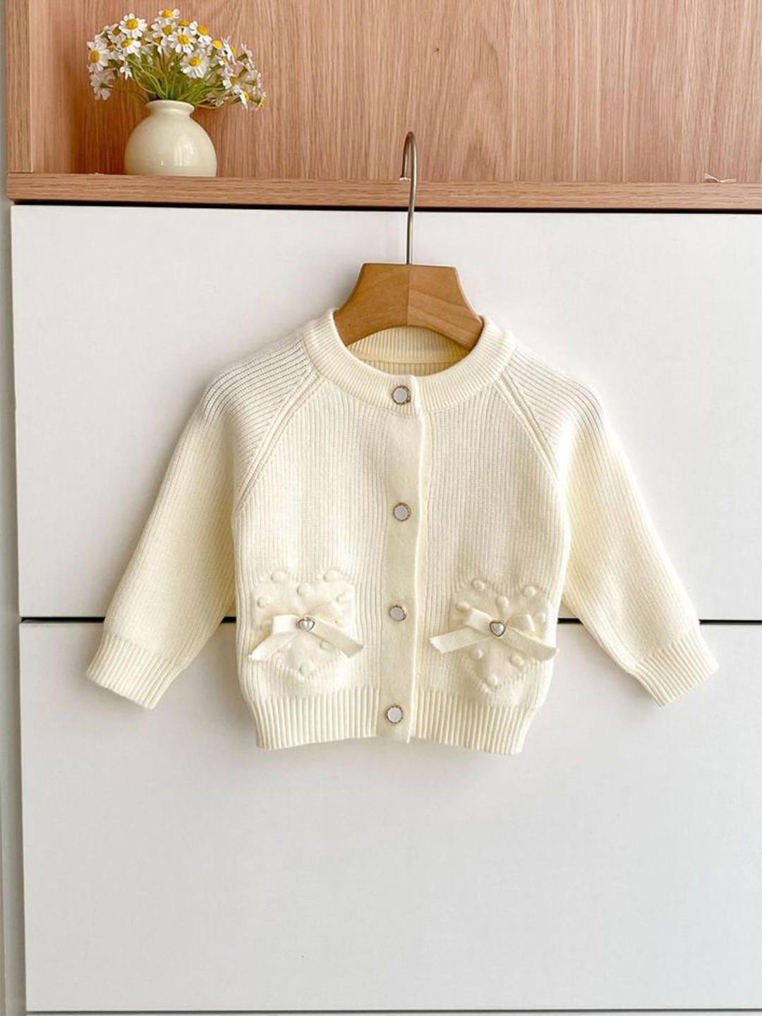 LULU & SKY Girls Self Design Round Neck Long Sleeves Cardigan with Bow Applique Detail