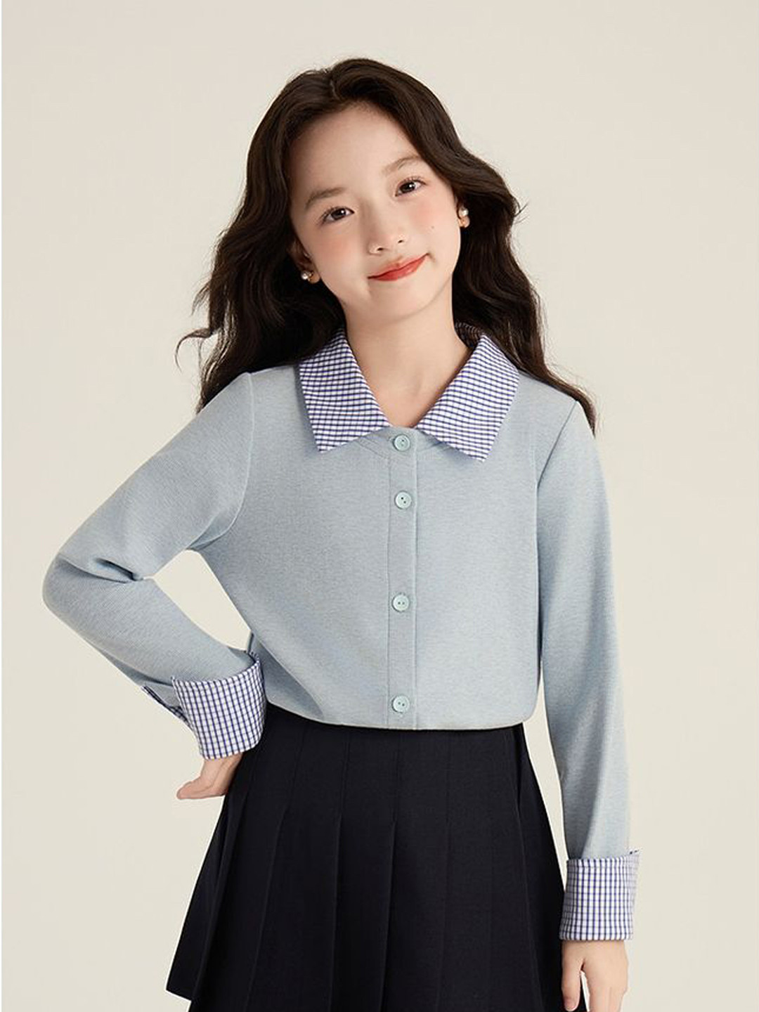 LULU & SKY Girls Checked  Shirt Collar Long Sleeves Button Closure Cardigan