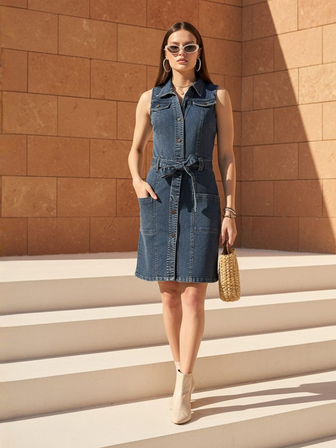 ZUMMER Women Belted Shirt Collared Knee Length Denim Shirt Dress