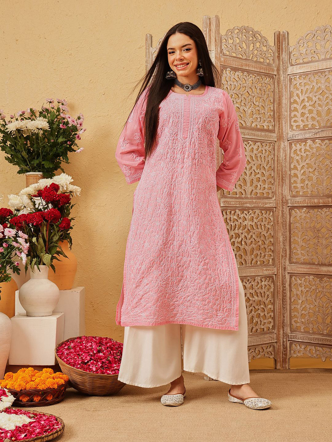 ADA Floral Embroidered Mandarin Collar Chikankari Cotton Straight Kurta