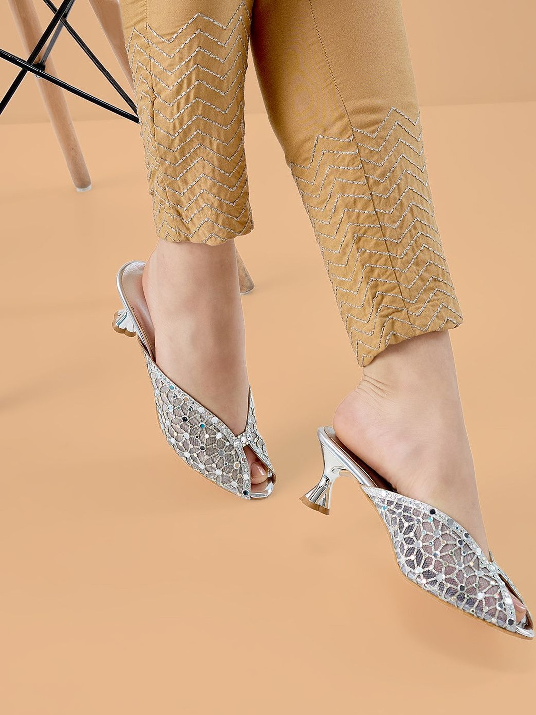 Rocia Diamond Embellished Net Stylish Party Kitten Mules Heels