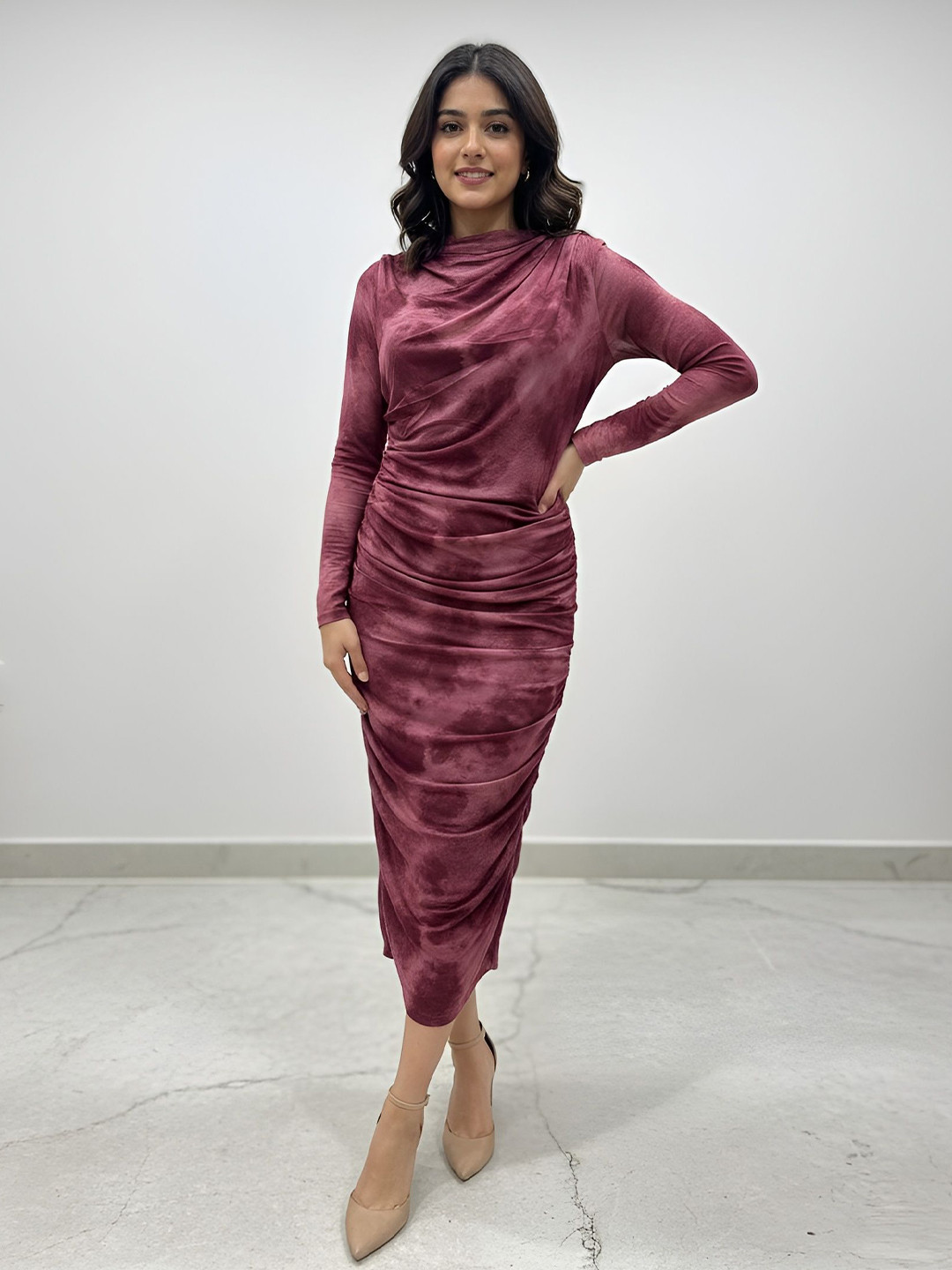 MOD APPARELS Tie and Dye Dyed Cowl Neck Ruched Bodycon Midi Dress