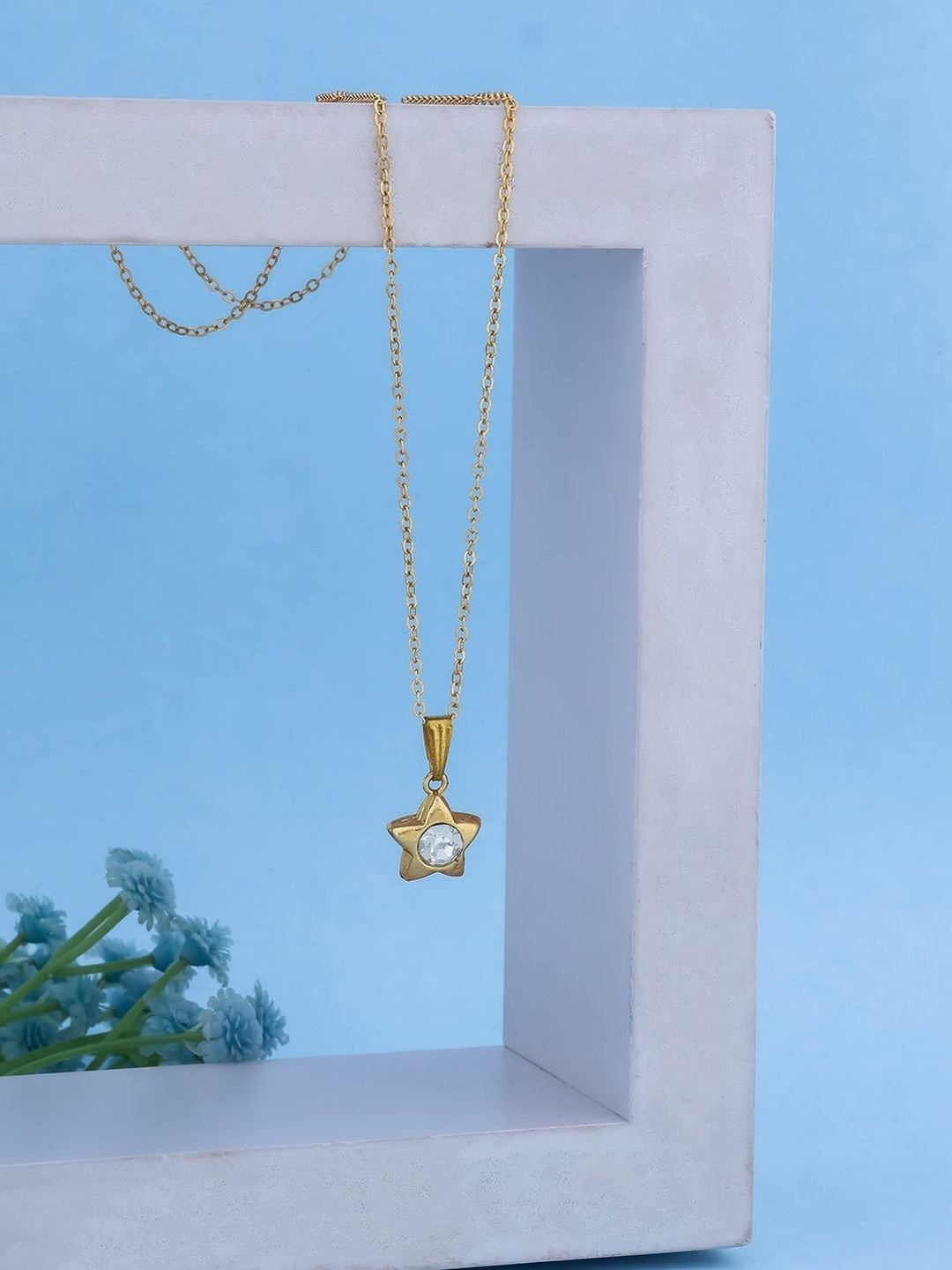 SZN Set Of 2 Gold-Plated Stone Studded Star & Heart Shaped Pendants With Chains