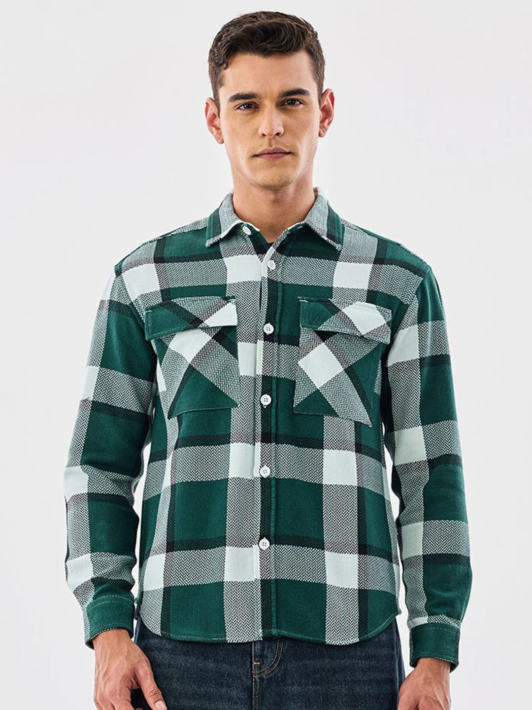 Snitch Green Men Tartan Checked Spread Collar Long Sleeves Cotton Shirt