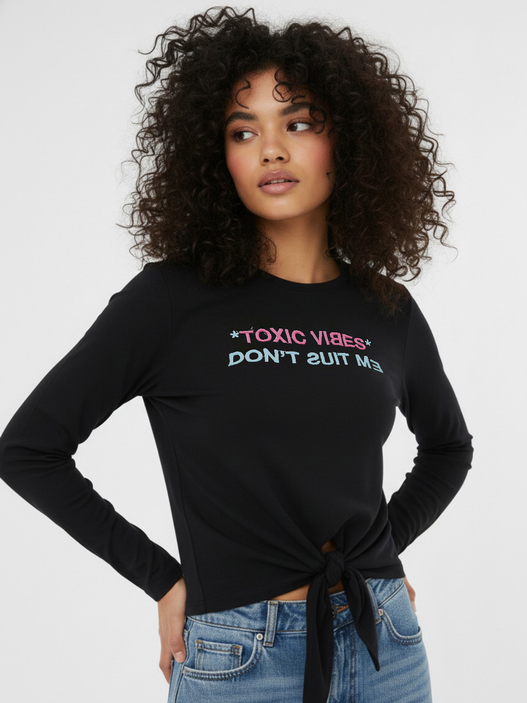 glitchez Typography Embroidered Front Knot T-shirt