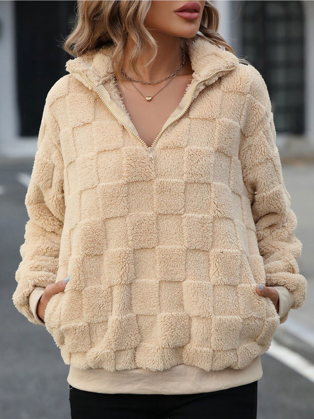 Oh Rare Women Self Design Half-zip Long Sleeves Sweatshirt