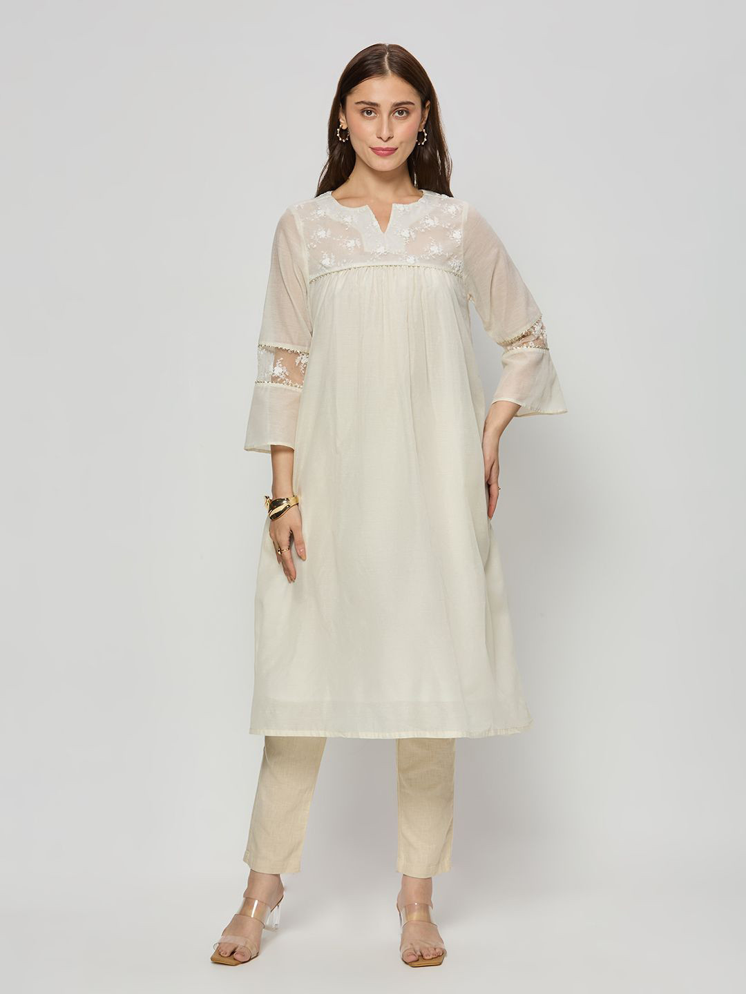 Autumn Hues Women Sheer Floral Embroidered Thread Work Kurta