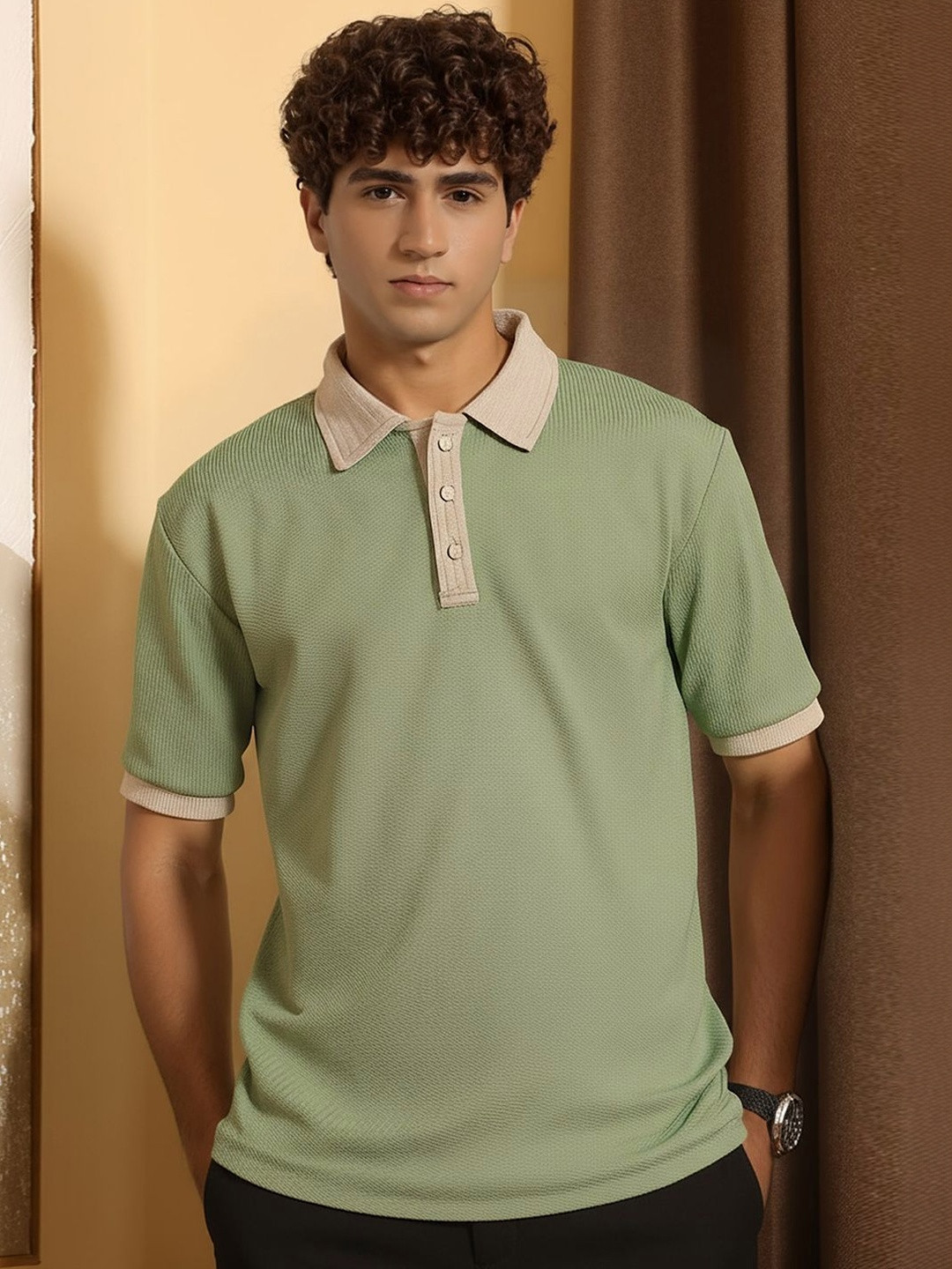 SZN Men Self Design Polo Collar Short Sleeve T-shirt