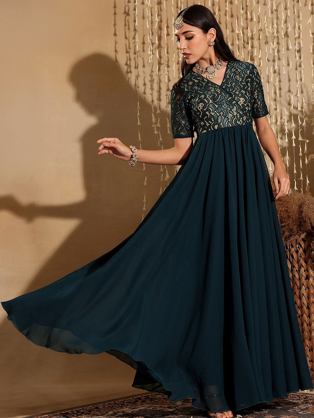 Miss Chase Women's V-Neck Half Sleeve Self Designed Wrap Georgette Maxi Dress