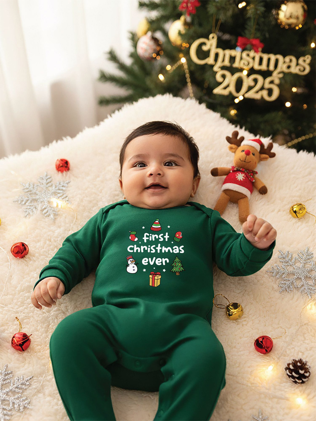 Zeezeezoo Kids First Christmas Ever Printed Cotton Bodysuit