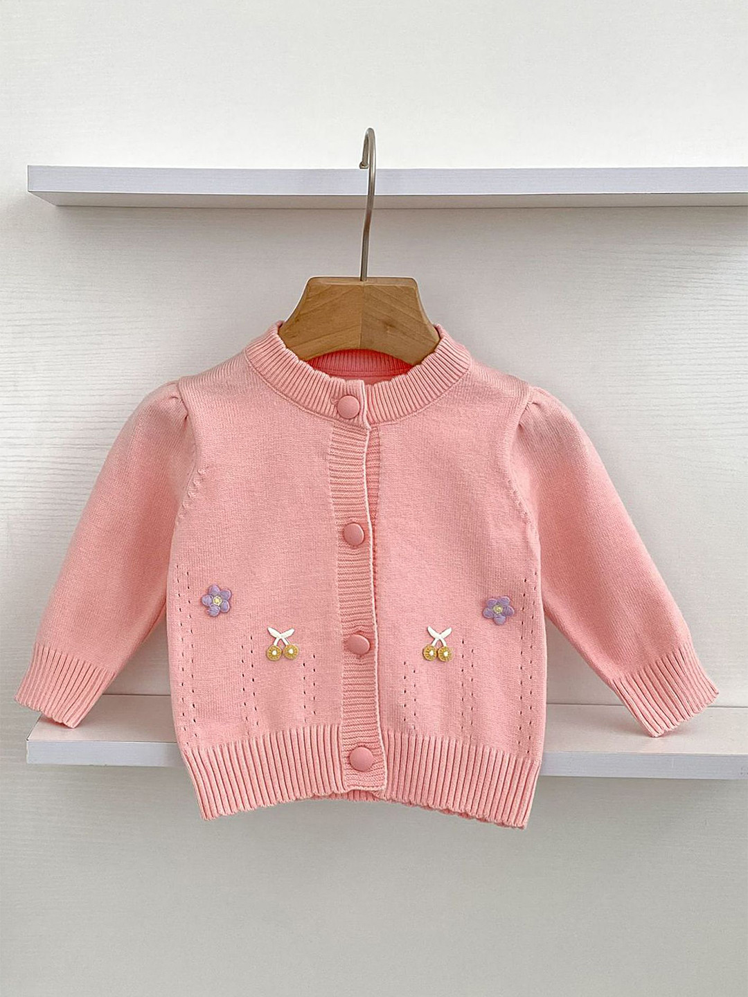 LULU & SKY Girls Open Knit Long Sleeves Henley Neck Cardigan with Applique Detail