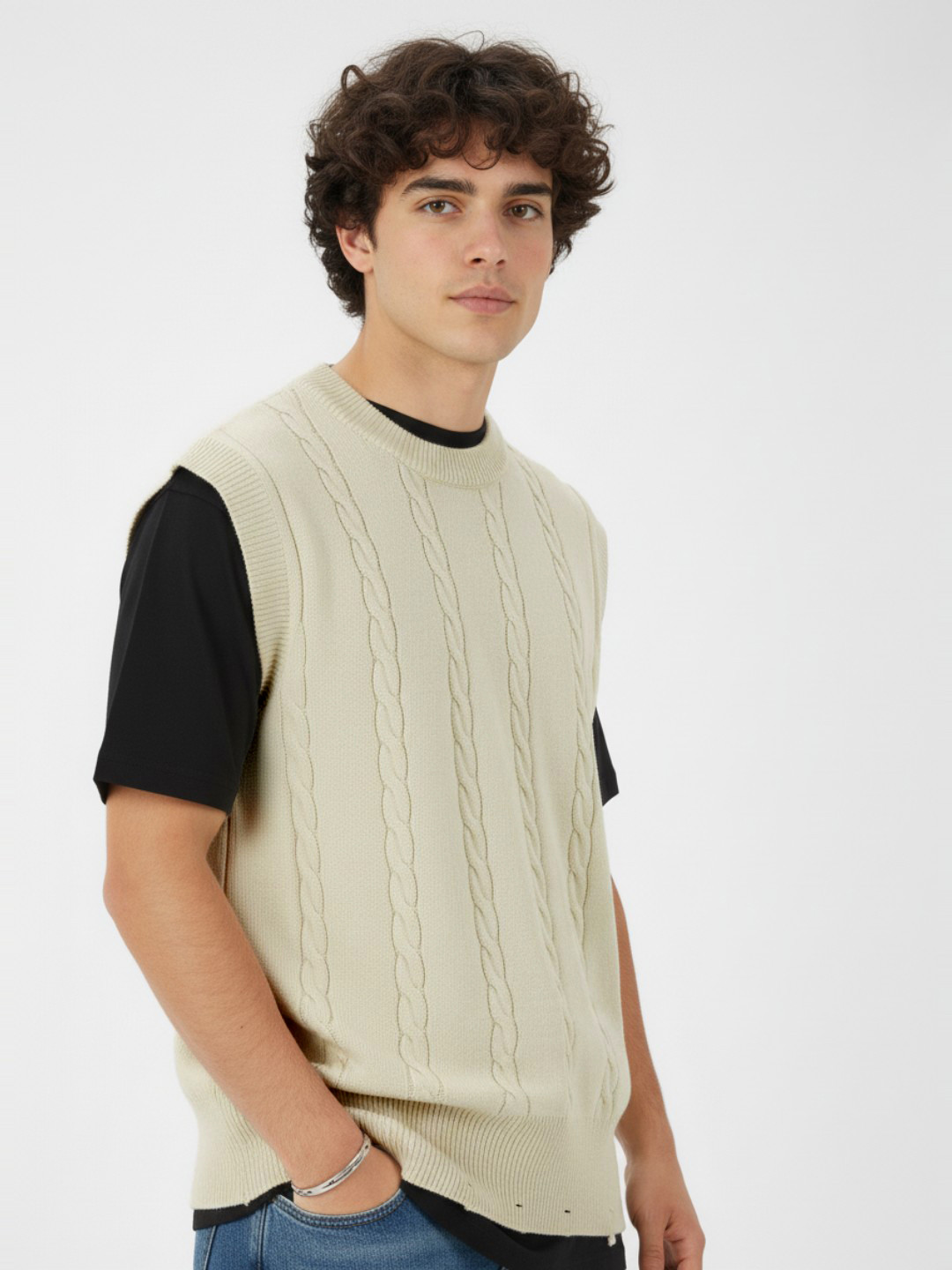 glitchez Cable Knit Acrylic Sweater Vest with Frayed Edges