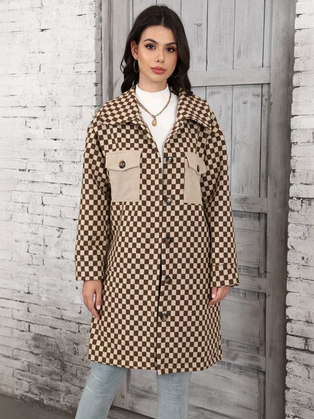 Oh Rare Women Checked Loose Long Single Breasted Regular Fit Overcoat