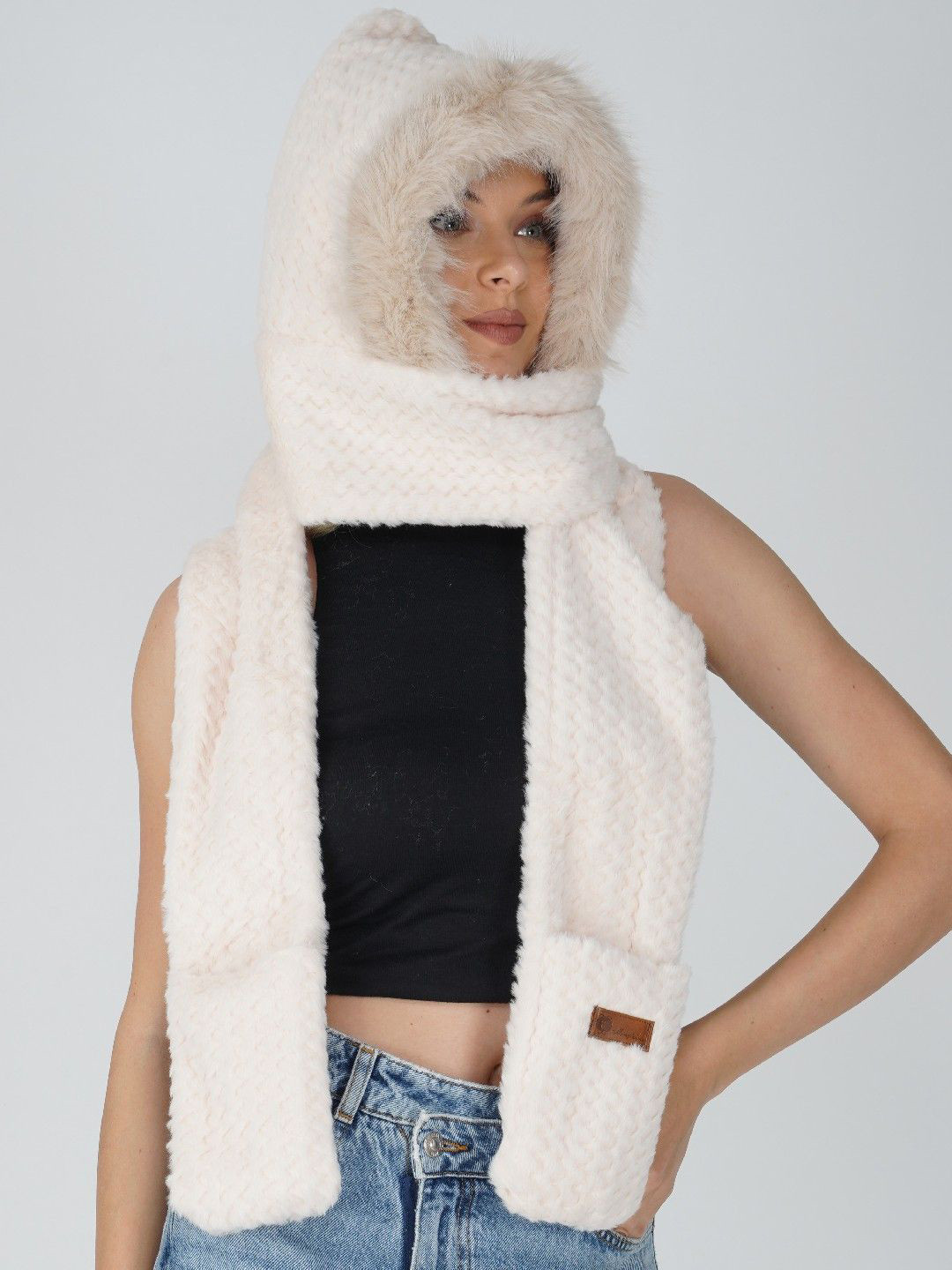 2 KOLPOL Women Hoodie Hat Scarf Gloves Set Soft Plush Thick Woolen Warm Cap