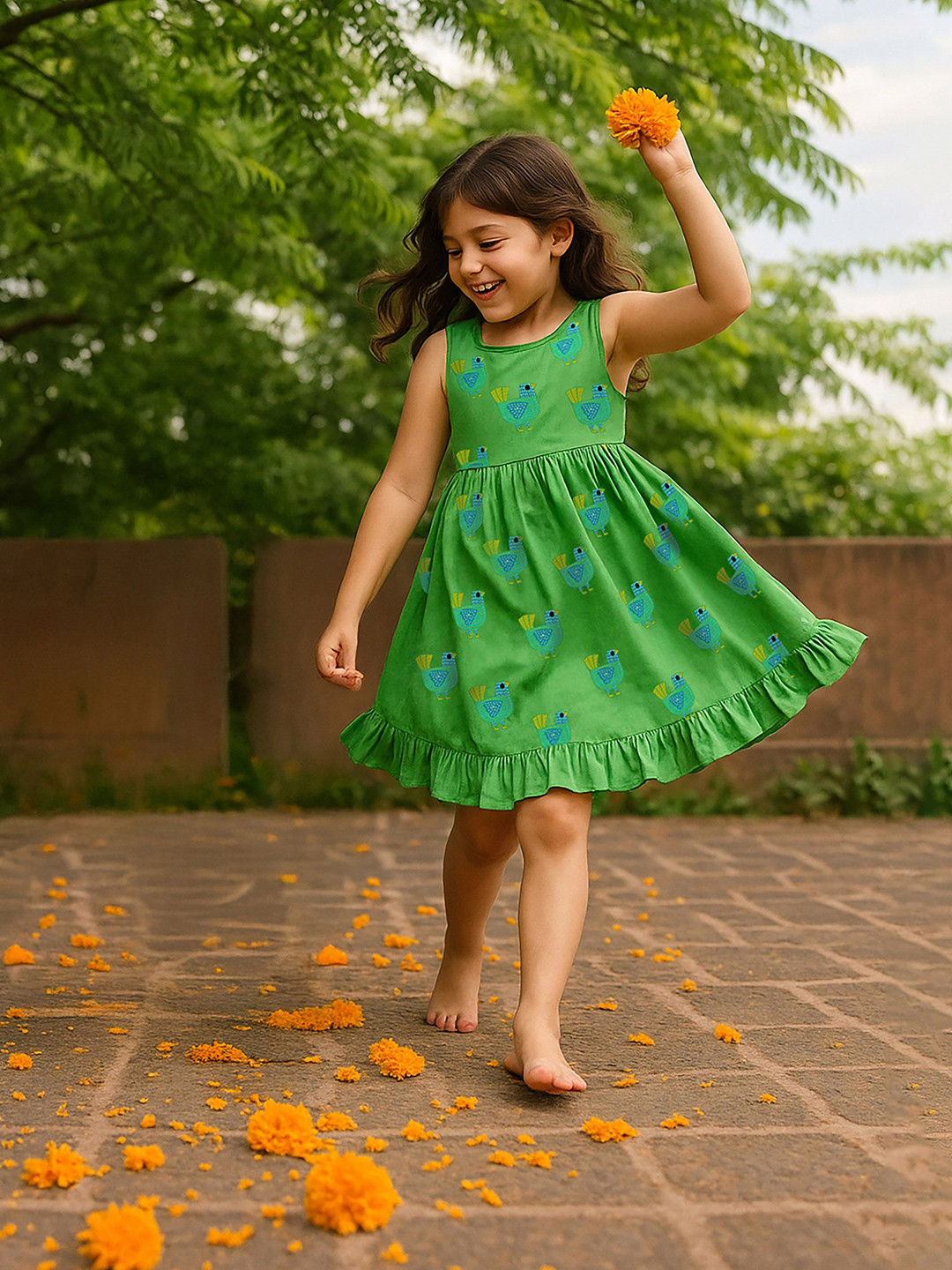 Somersault Girls Parrot Play Printed Round Neck Cotton A-Line Dress