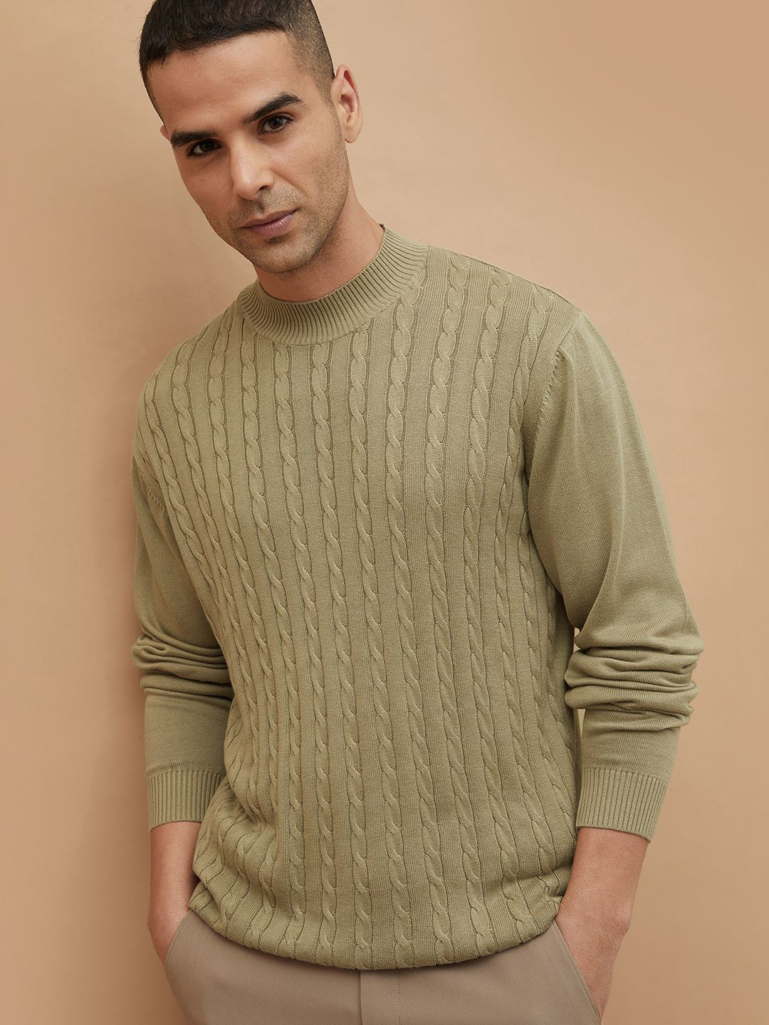 CODE by Lifestyle Men Round Neck Self Design Long Sleeves Cable Knit Sweaters