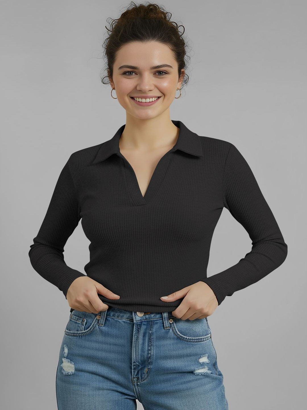 Dream Beauty Fashion Top-173-Apple-Black Women Vertical Striped Shirt Collar Tank Top