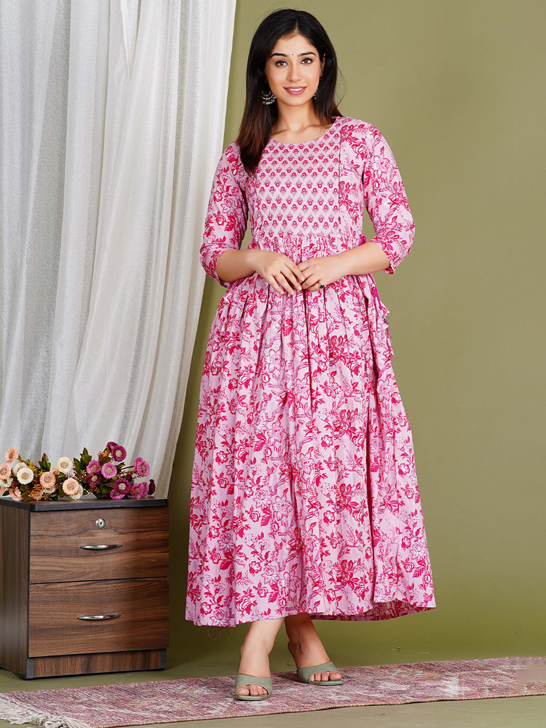 Pahanawa Floral Printed Maternity Pure Cotton Fit & Flare Maxi Dress