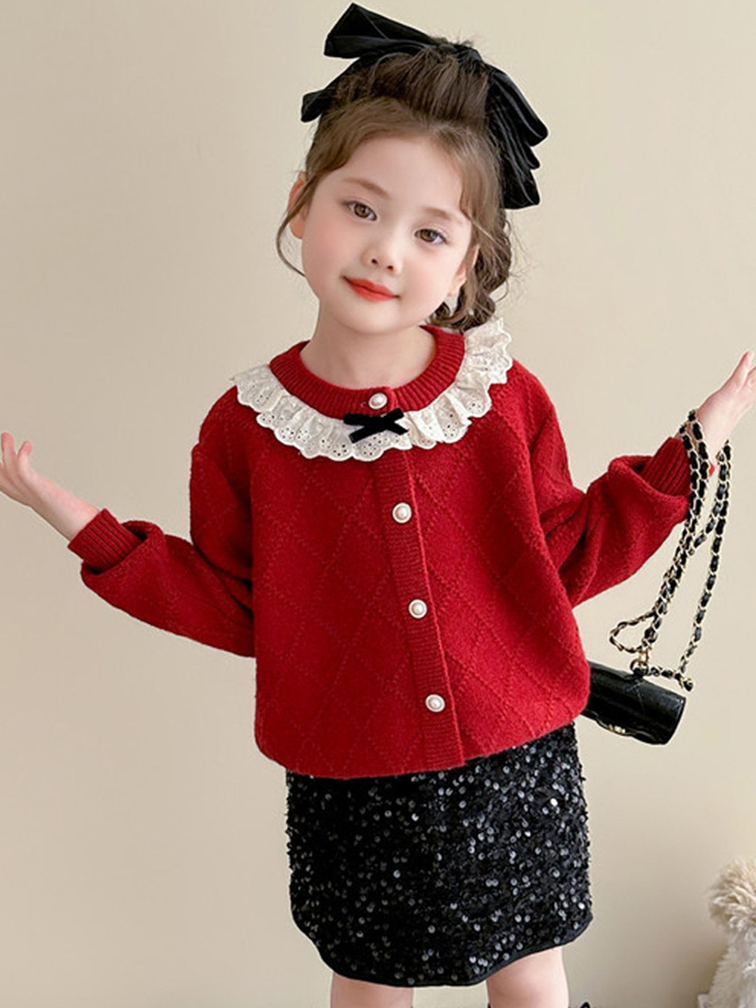 LULU & SKY Girls Round Neck Frill Detail Button Cardigan