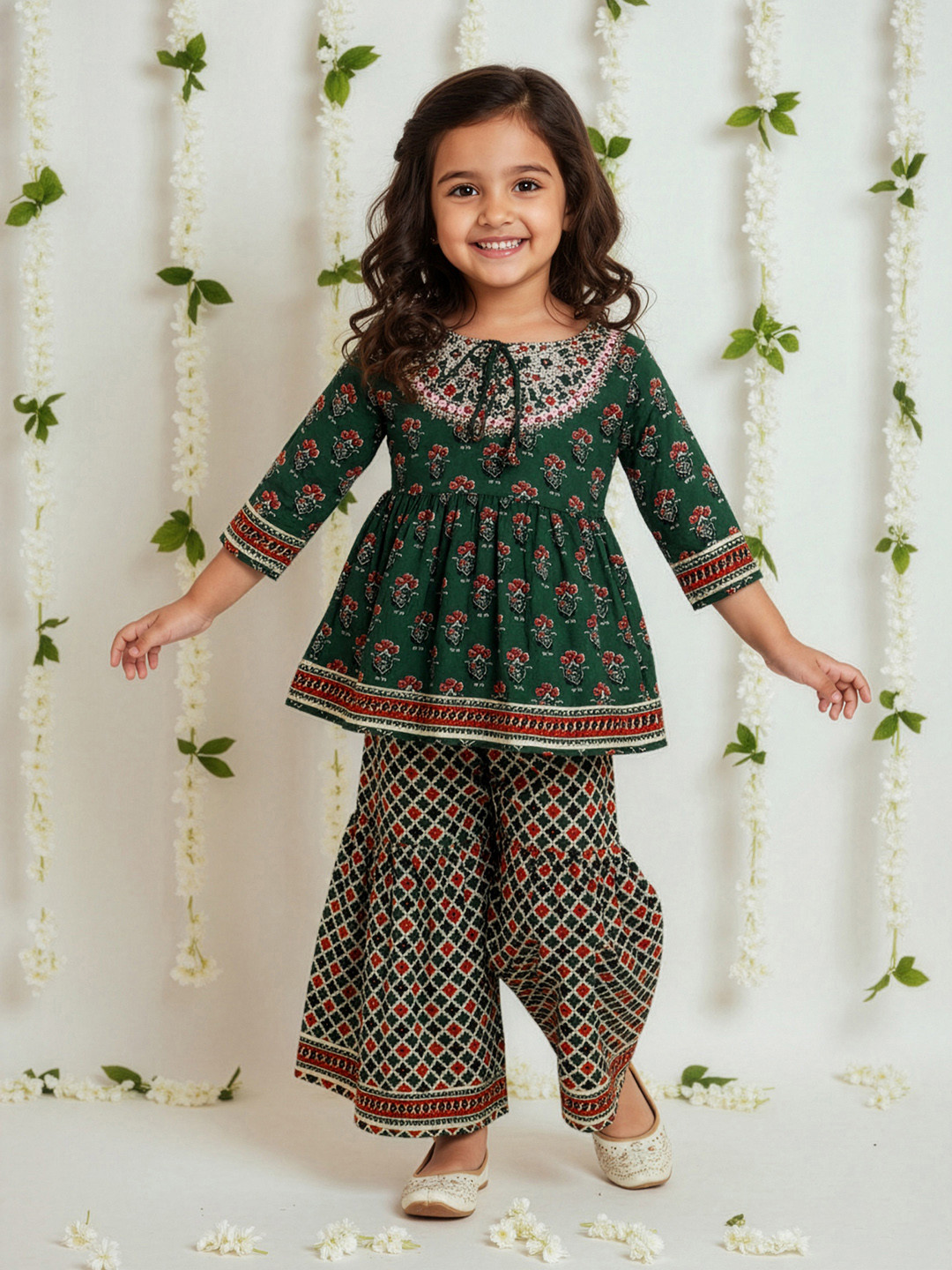 Sangria Girls Floral Printed Pleated Gotta Patti Pure Cotton Kurti With Sharara
