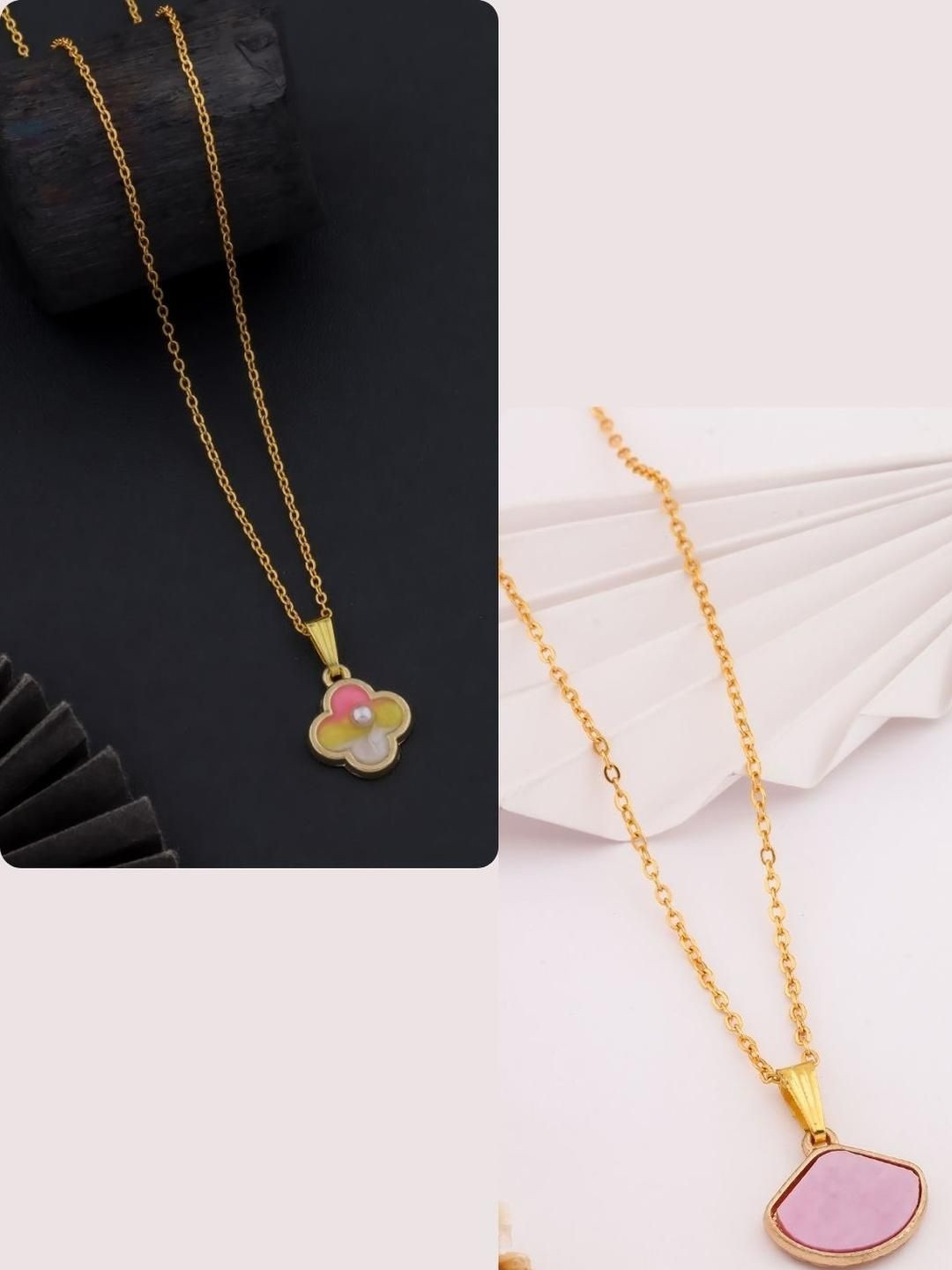 SZN Elegent Set Of 2 Gold-Plated Beaded Clover Shaped Enamelled Pendants With Chains