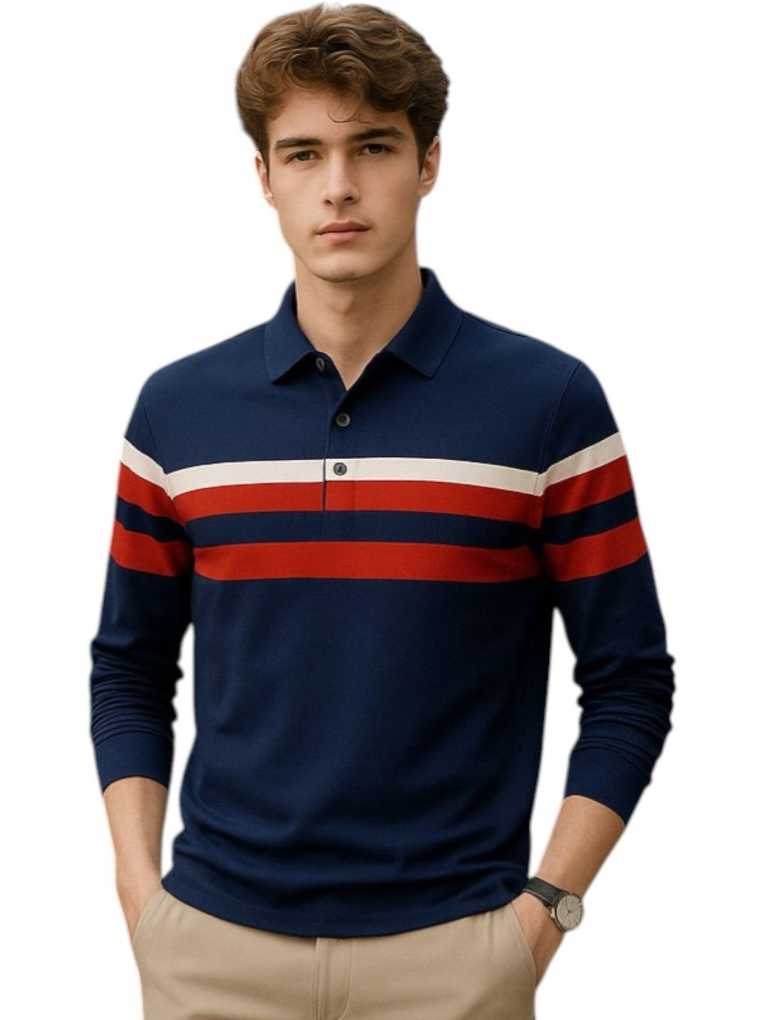 AUTNA Men Regular Fit Striped Long Sleeve Polo Collar Cotton T-shirt
