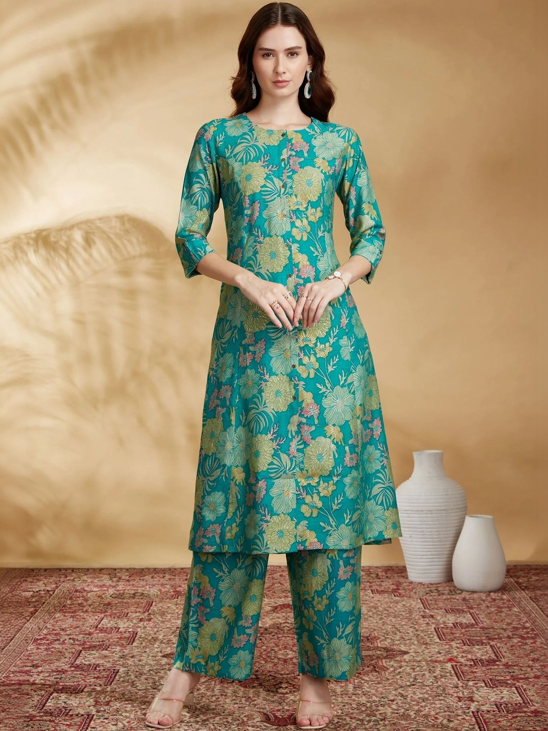 COTTON CULTURE Women Sea Green Viscose Printed Straight Kurta Pant Co ord Set