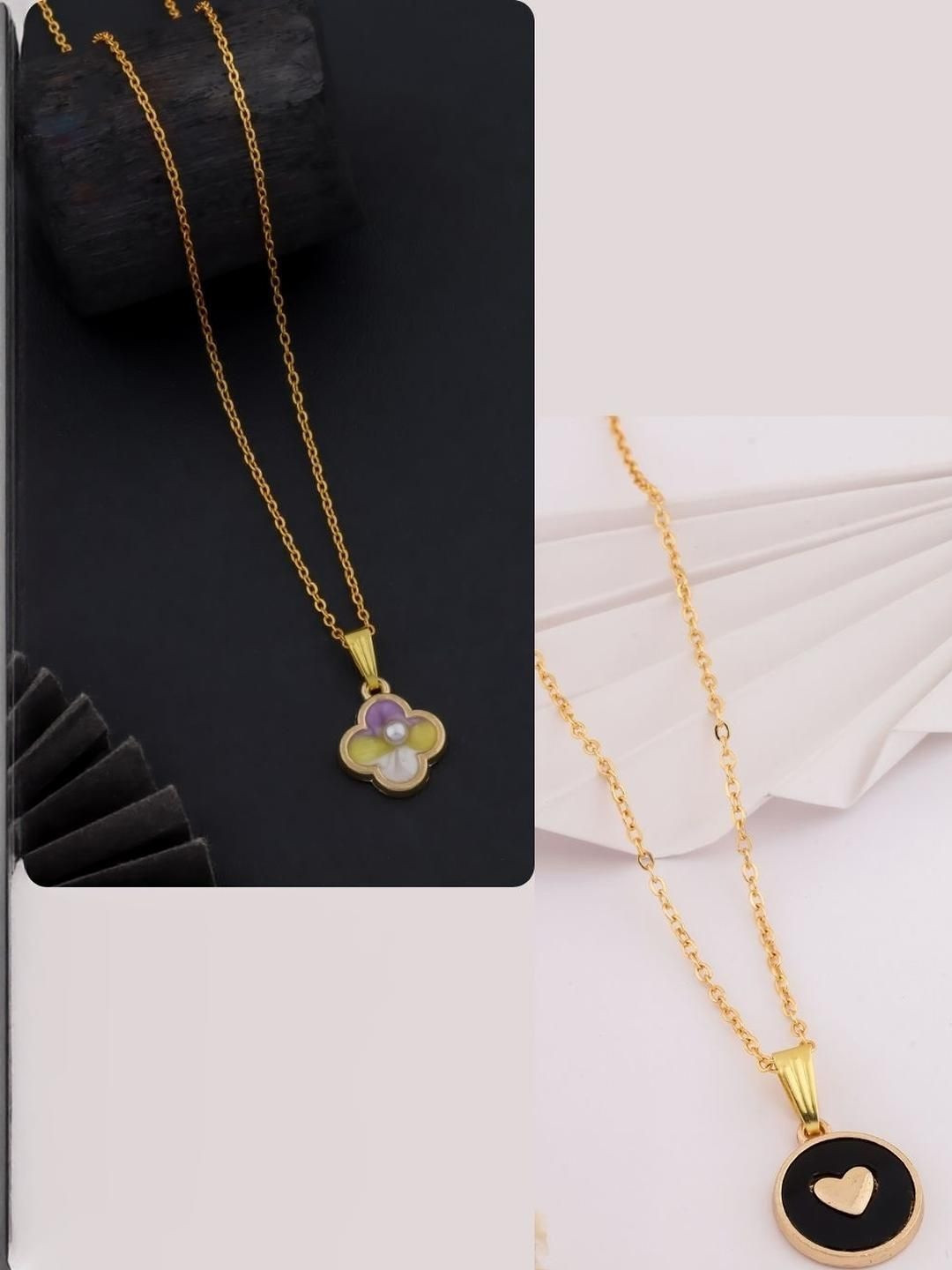 SZN Set Of 2 Gold-Plated New charms Beaded Floral Shaped Enamelled Pendants With Chains