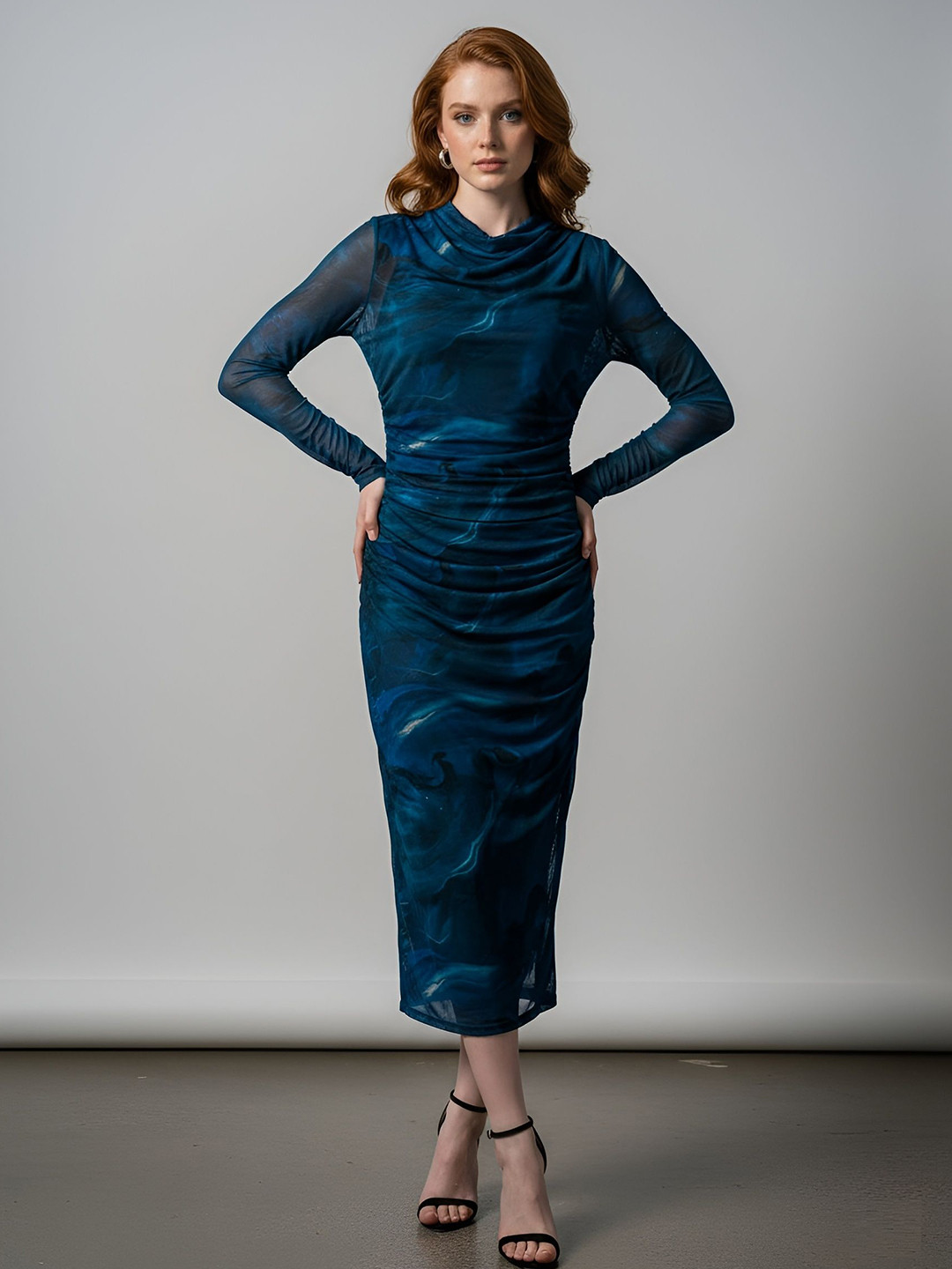 MOD APPARELS Women Printed Cowl Neck Net Sheath Midi Dress