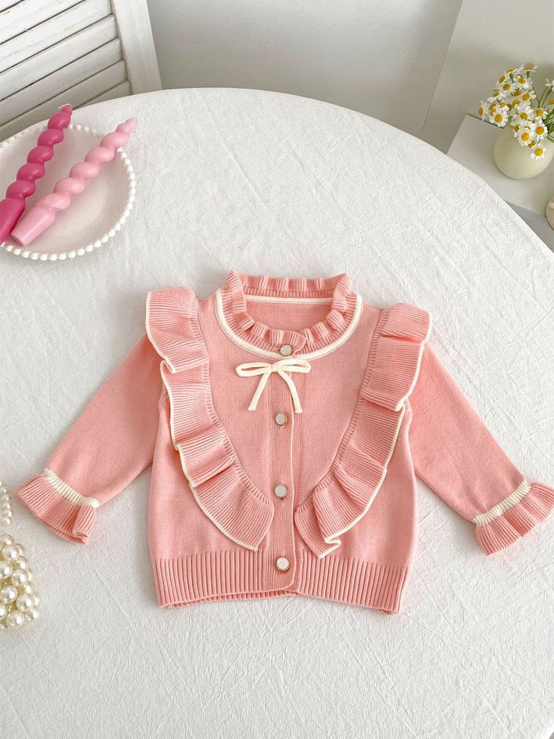 LULU & SKY Girls Striped Round Neck Long Sleeves Cardigan Sweaters with Ruffles Detail