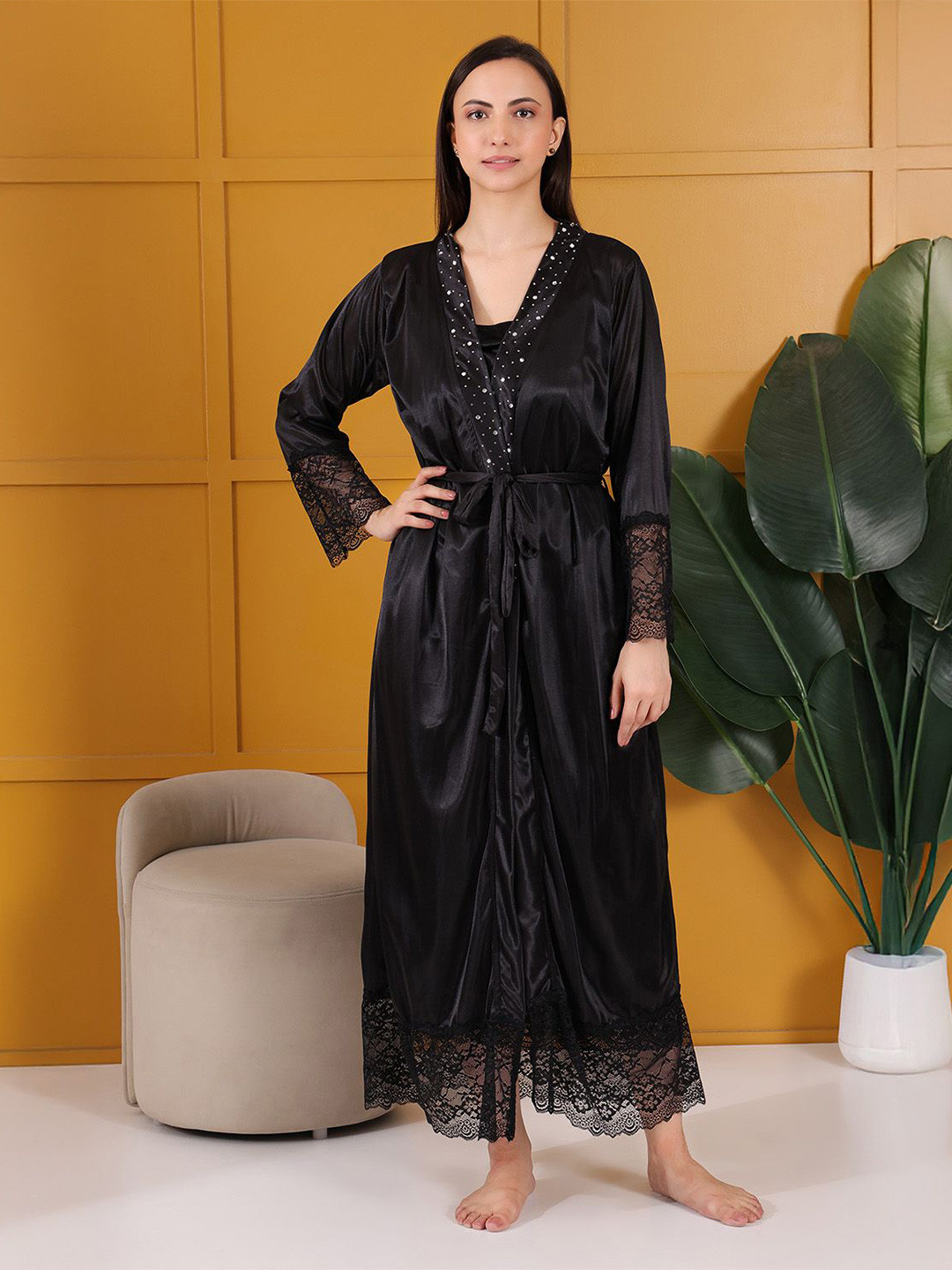 HOUSE OF ELORRA Women Lace Maxi Long Sleeves Wrap Nightdress