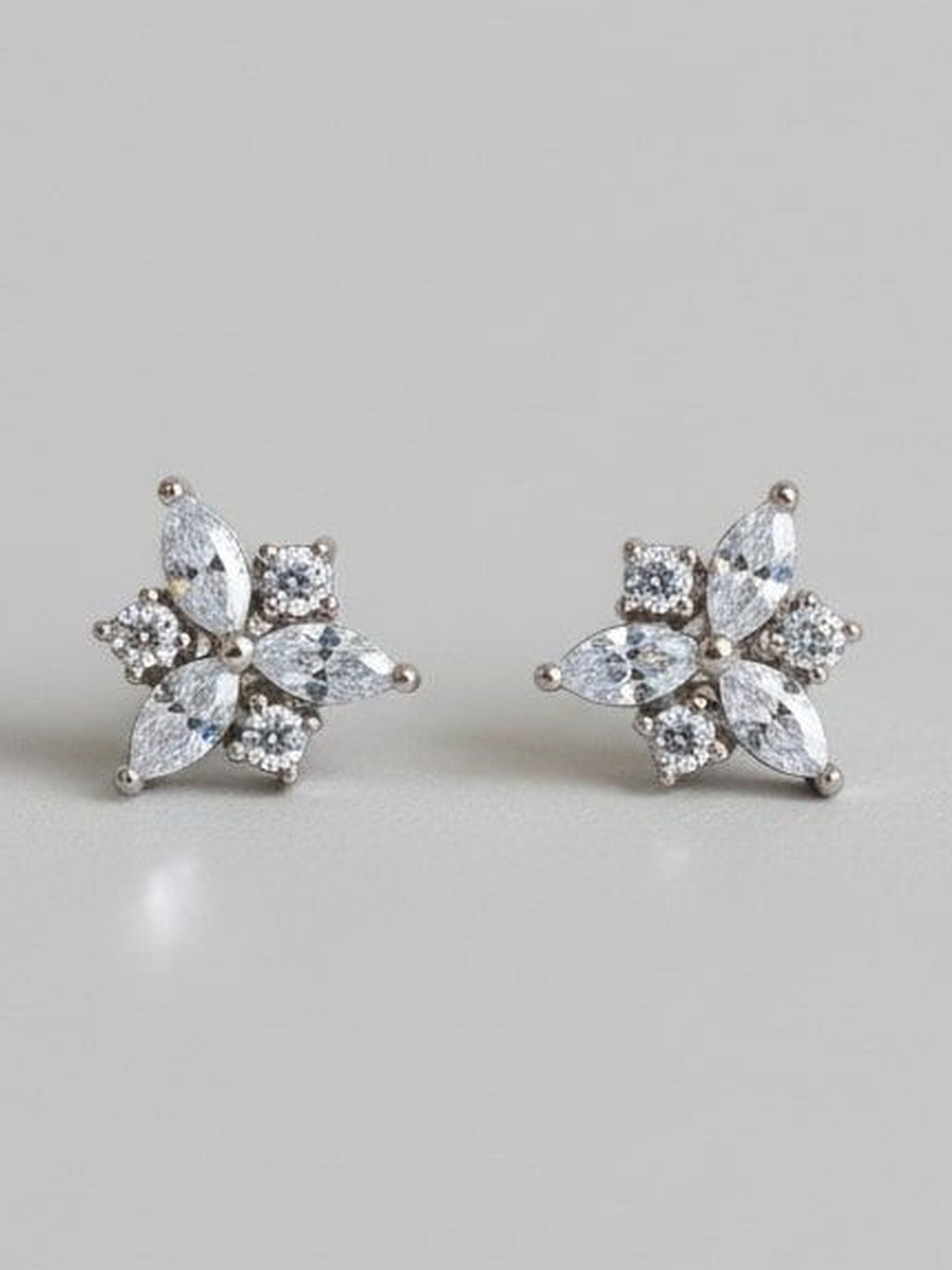Laa Calcutta Sterling Silver Rhodium-Plated American Diamond Studded Floral Shaped Studs
