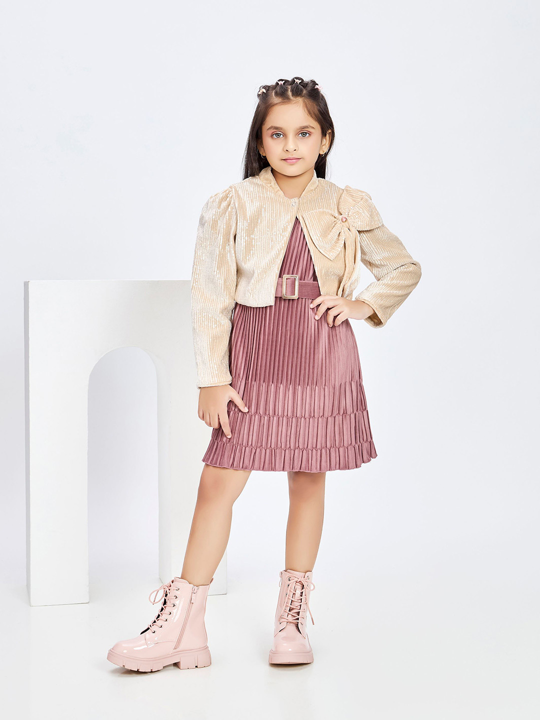 Peppermint Girls Shoulder Straps Accordion Pleats Fit & Flare Dress With Jacket