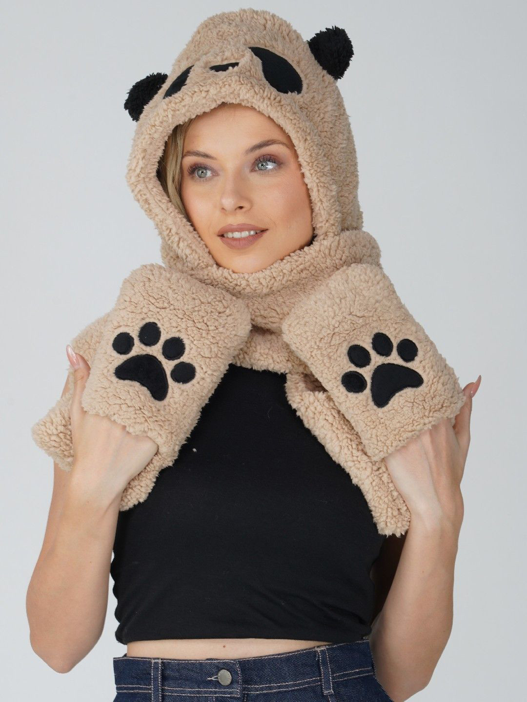 LADONNA Women Self Design Woollen 3 In 1 Cap Scarf & Gloves