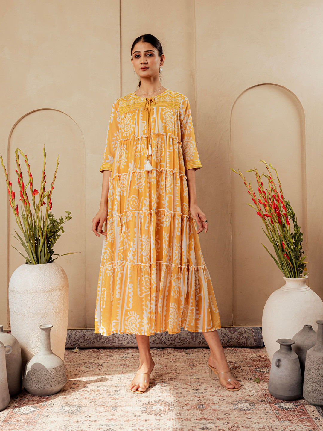 Juniper Ethnic Motifs Print Tie-Up Neck Fit & Flare Maxi Dress