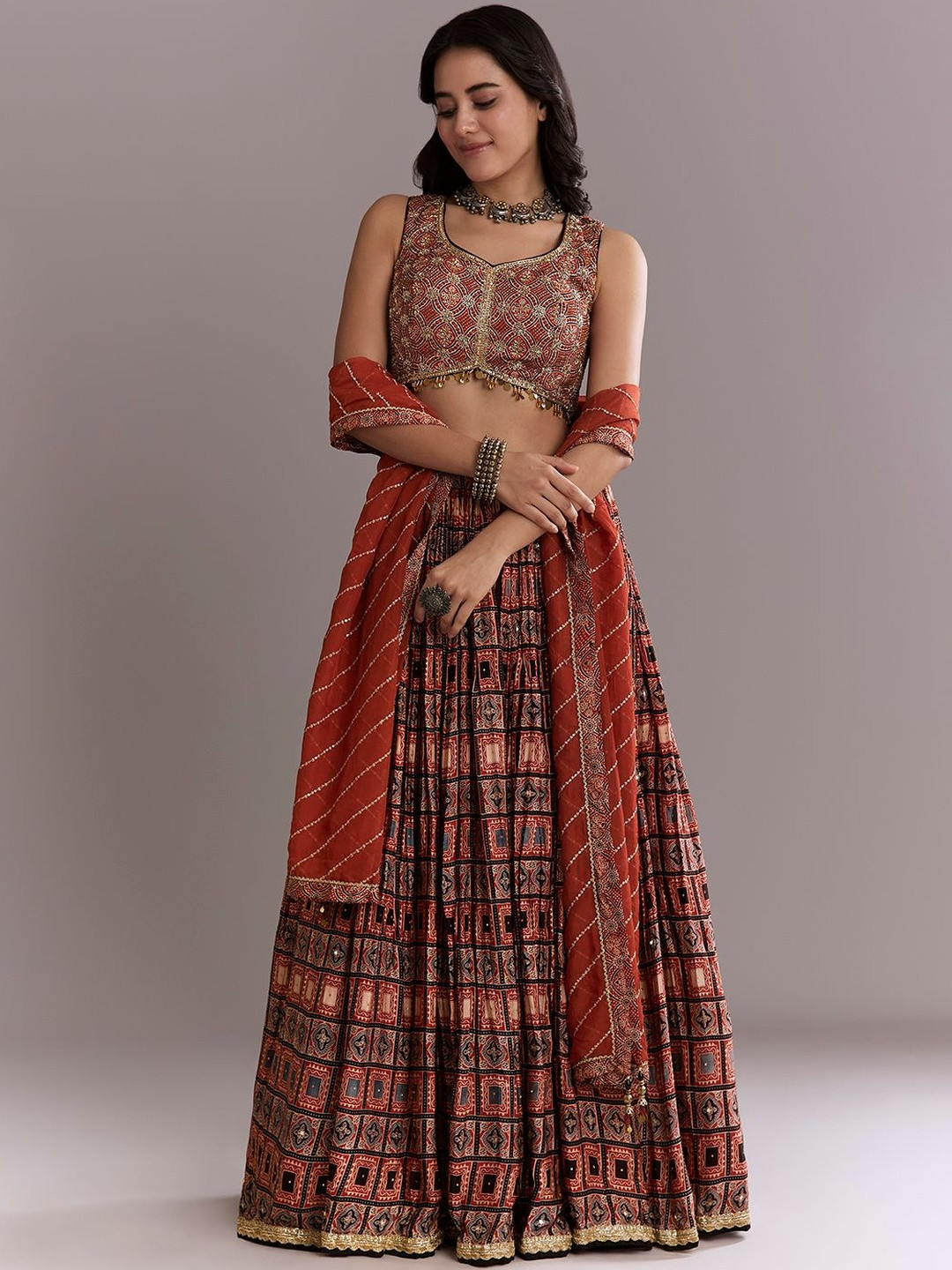 KALKI Fashion Ajrakh Printed Embroidered Ready to Wear Organic Cotton Lehenga Choli