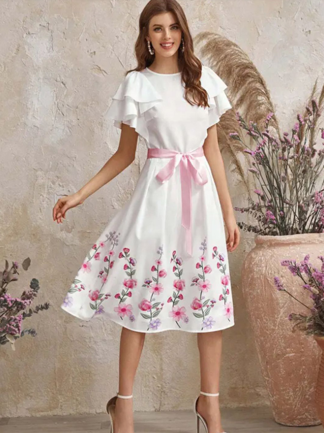 Ghateshvar Women Floral Printed Flared Sleeves Satin Fit & Flare Midi Dress