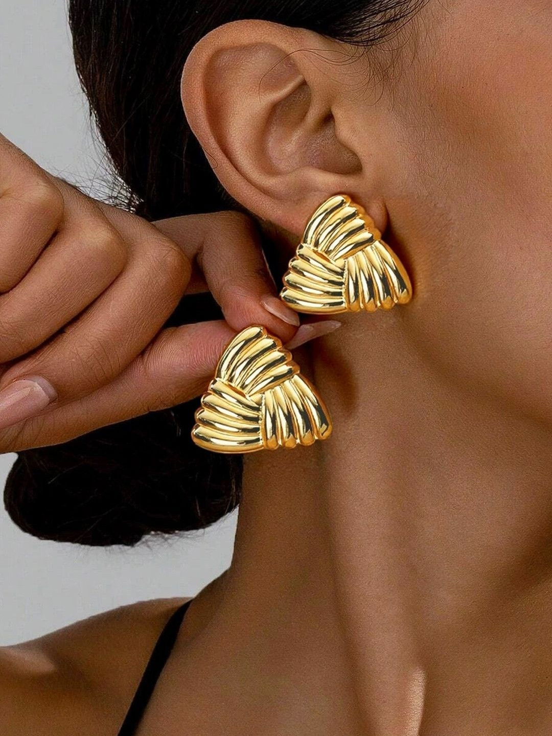 Jewels Galaxy Stainless Steel Gold-Plated Triangular Shaped Drop Earrings