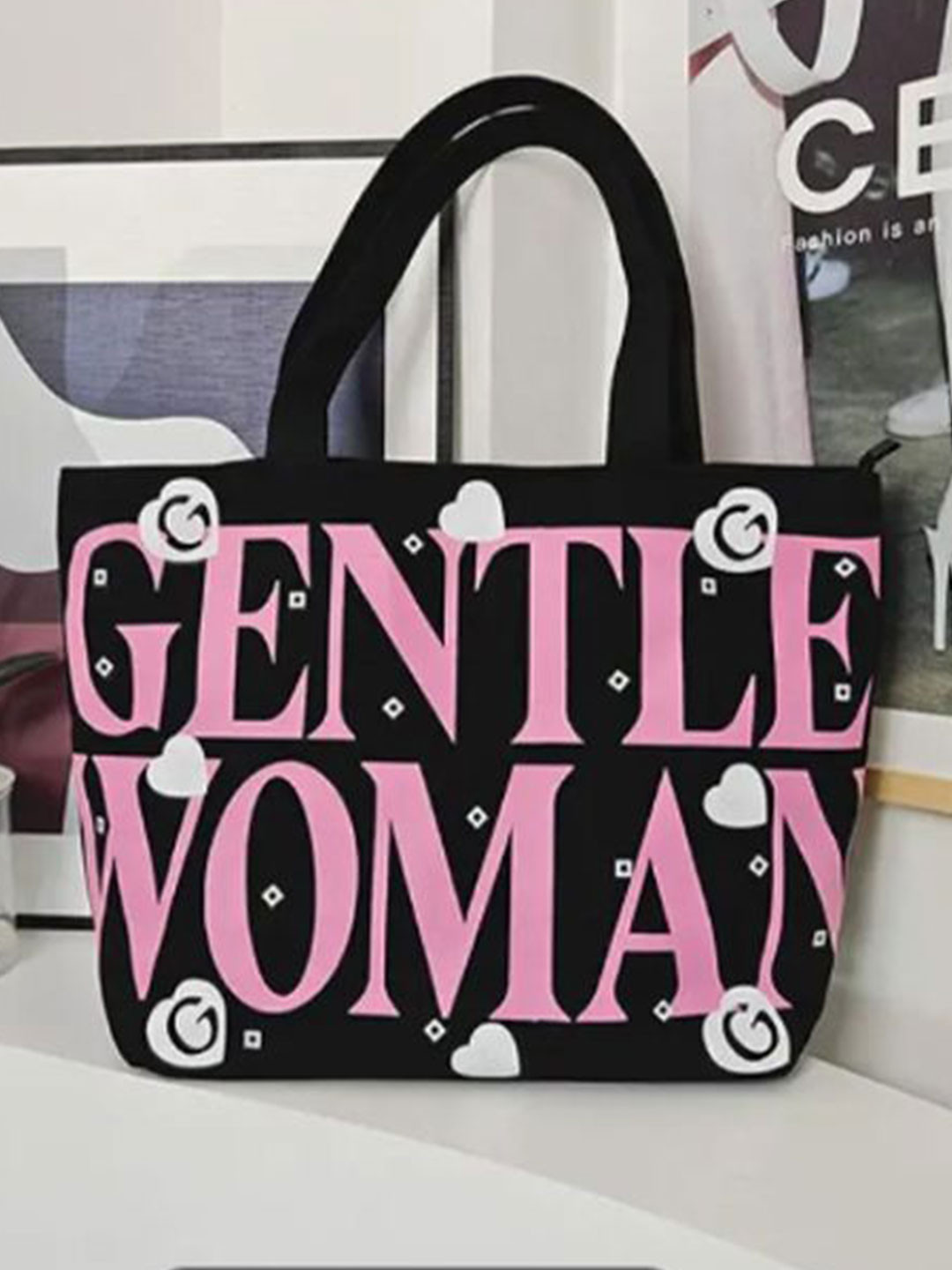 the sack co Typography Printed Oversized Structured Canvas Tote Bag with Applique