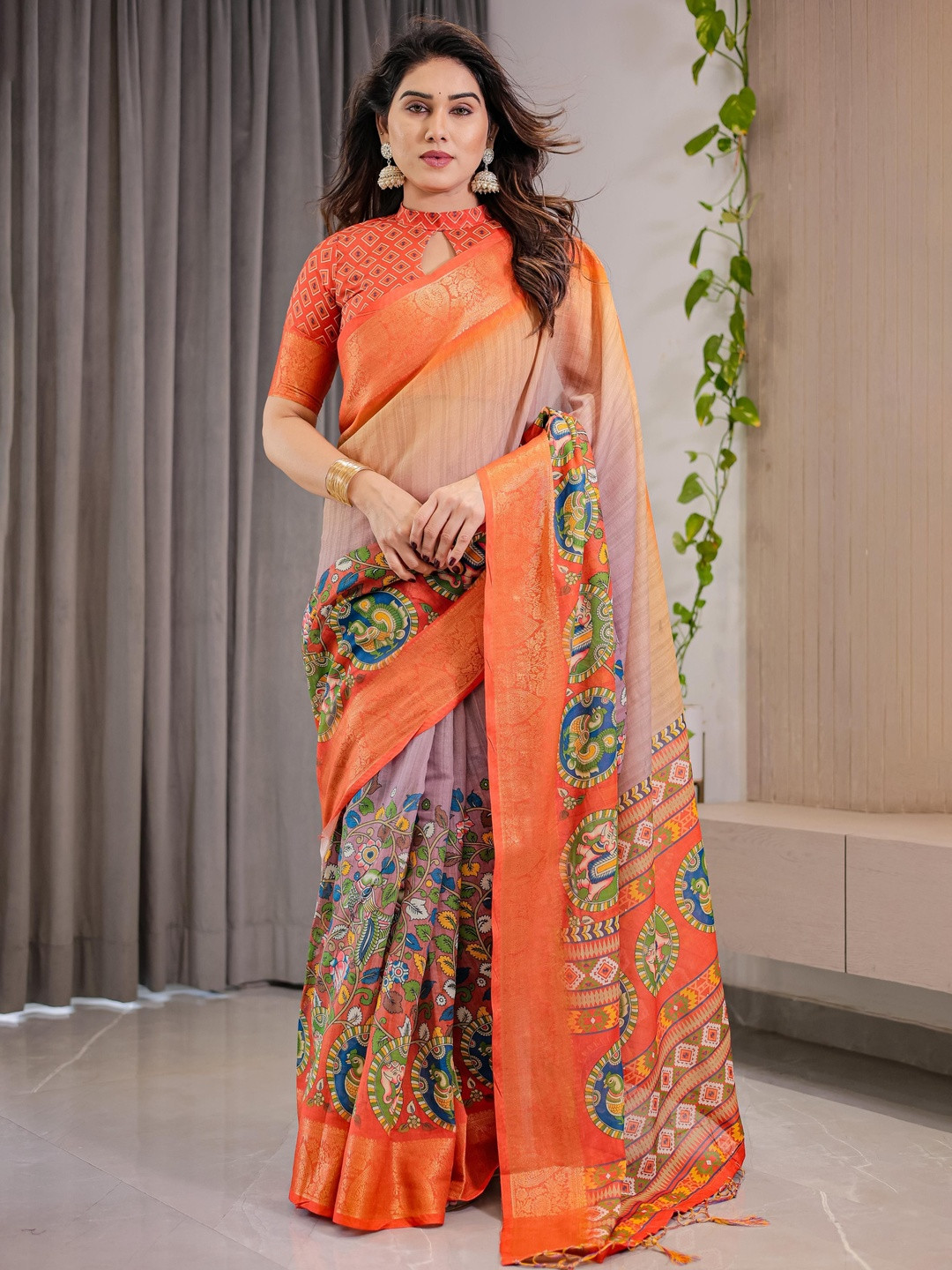 MAHALASA Ethnic Motifs Pure Linen Saree With An Unstitched Blouse Piece
