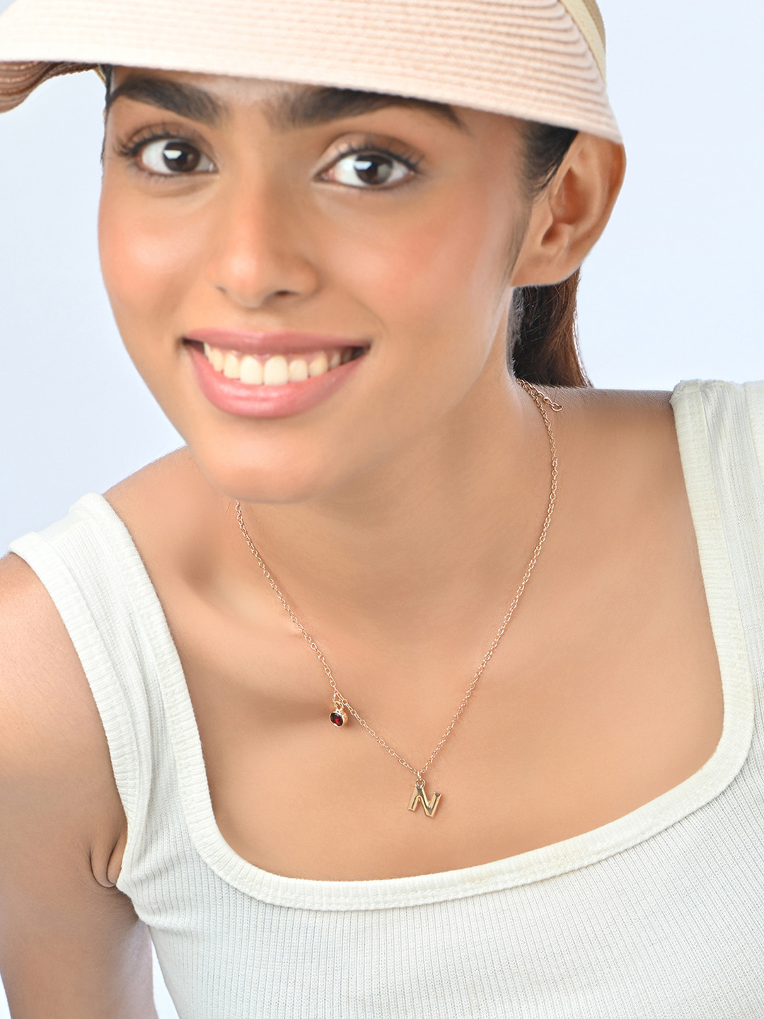 ToniQ Gold-Plated Rhinestone Studded N-Shaped Pendant With Chain