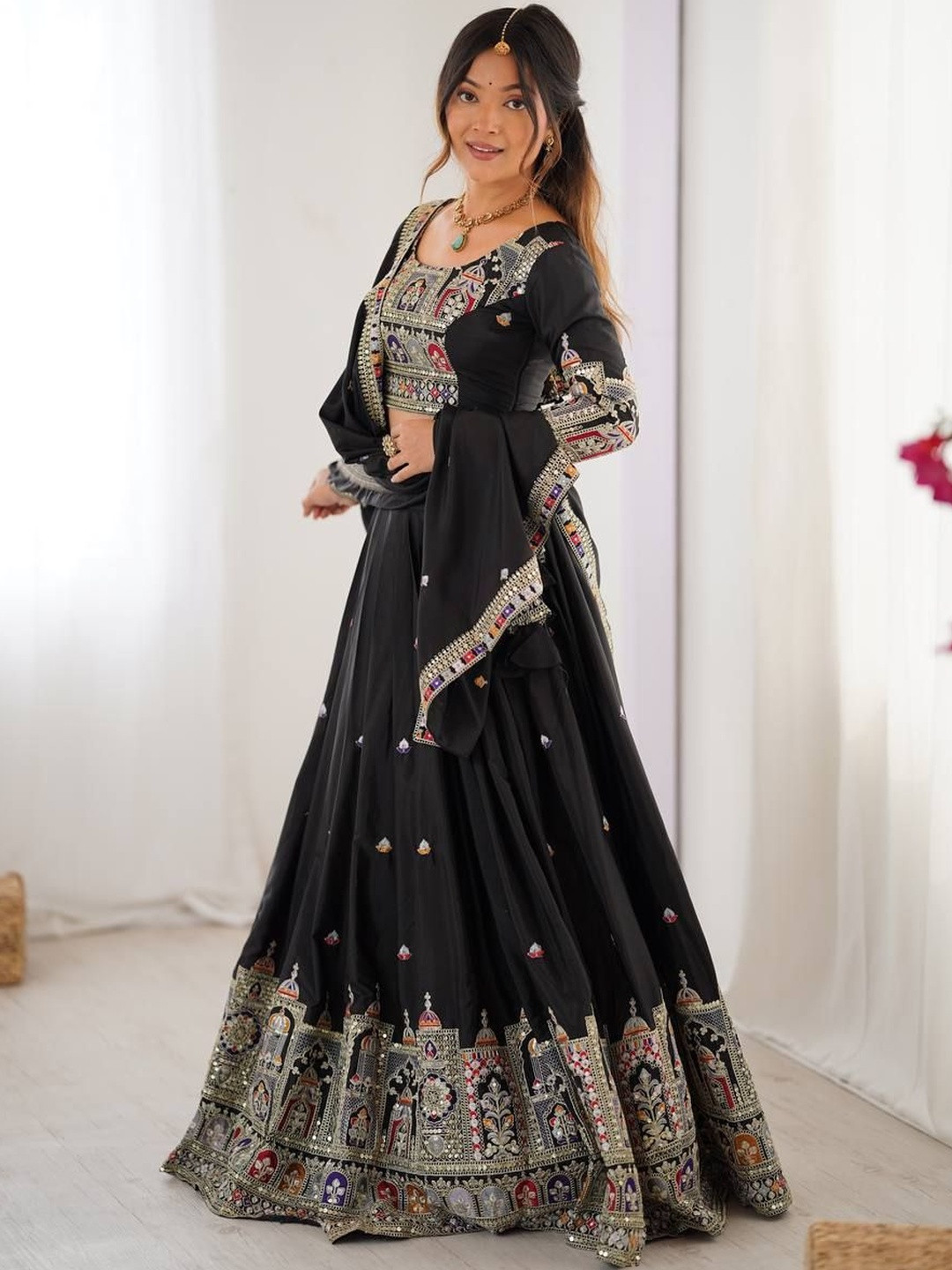 DREAM EXPORTER Embroidered Mirror Work Semi-Stitched Lehenga & Blouse With Dupatta