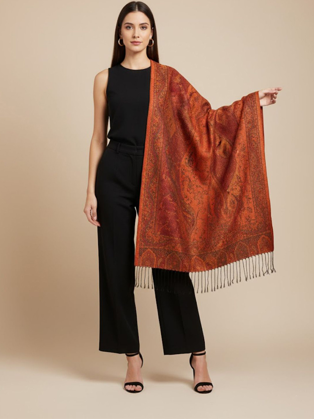 MUFFLY Women Woven Paisley Pattern Stole with Fringed Border