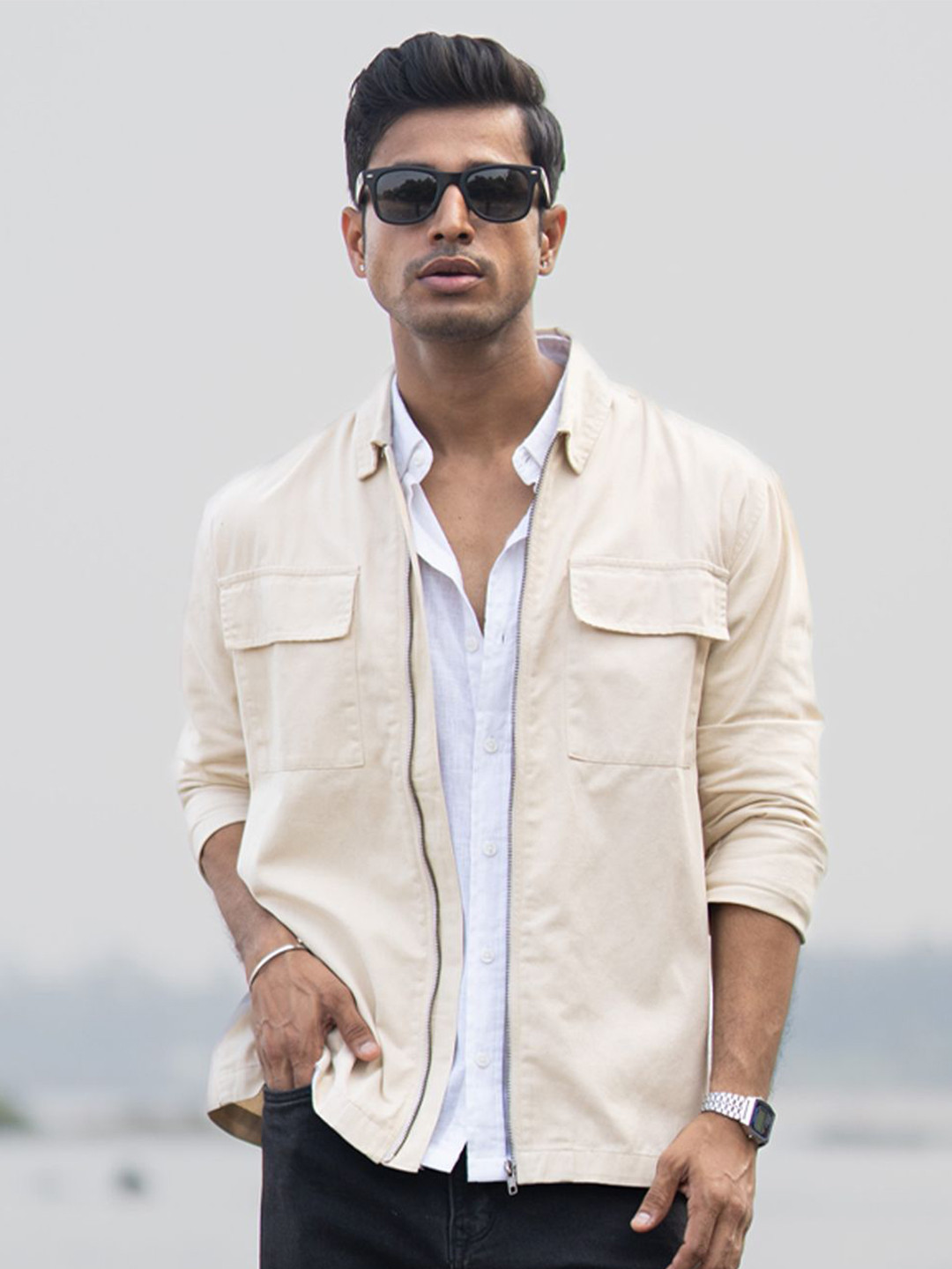 Powerlook SS25 Light Beige Men Solid Regular Fit Spread Collar Cotton Zipper Overshirt