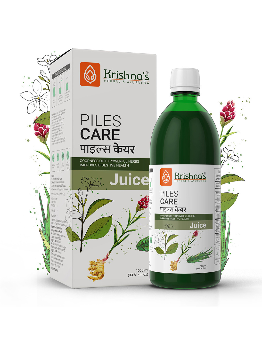 Krishna's Herbal & Ayurveda Piles Care Juice With 10 Herbs To Help Control Bleeding - 1L