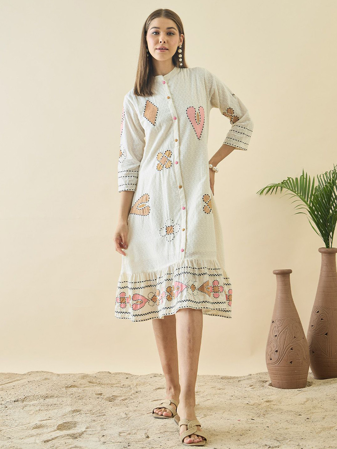 ZUMMER Women Floral Embroidered Cotton Midi A-Line Dress