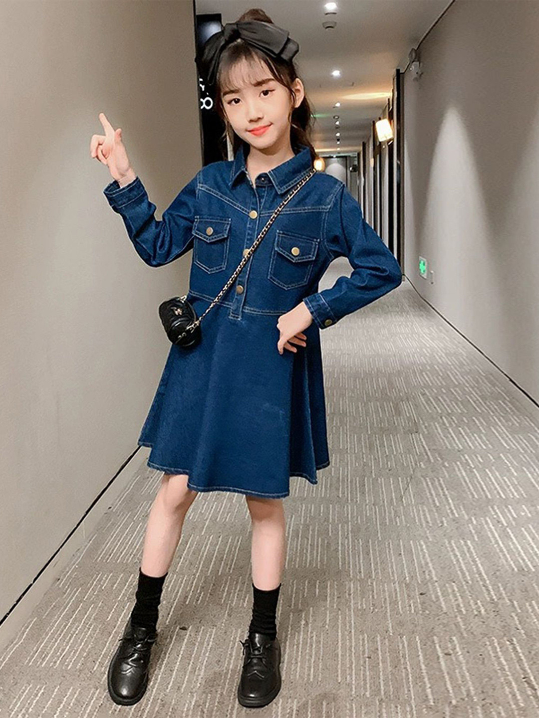LULU & SKY Girls Solid Long Sleeves Denim Shirt Dress