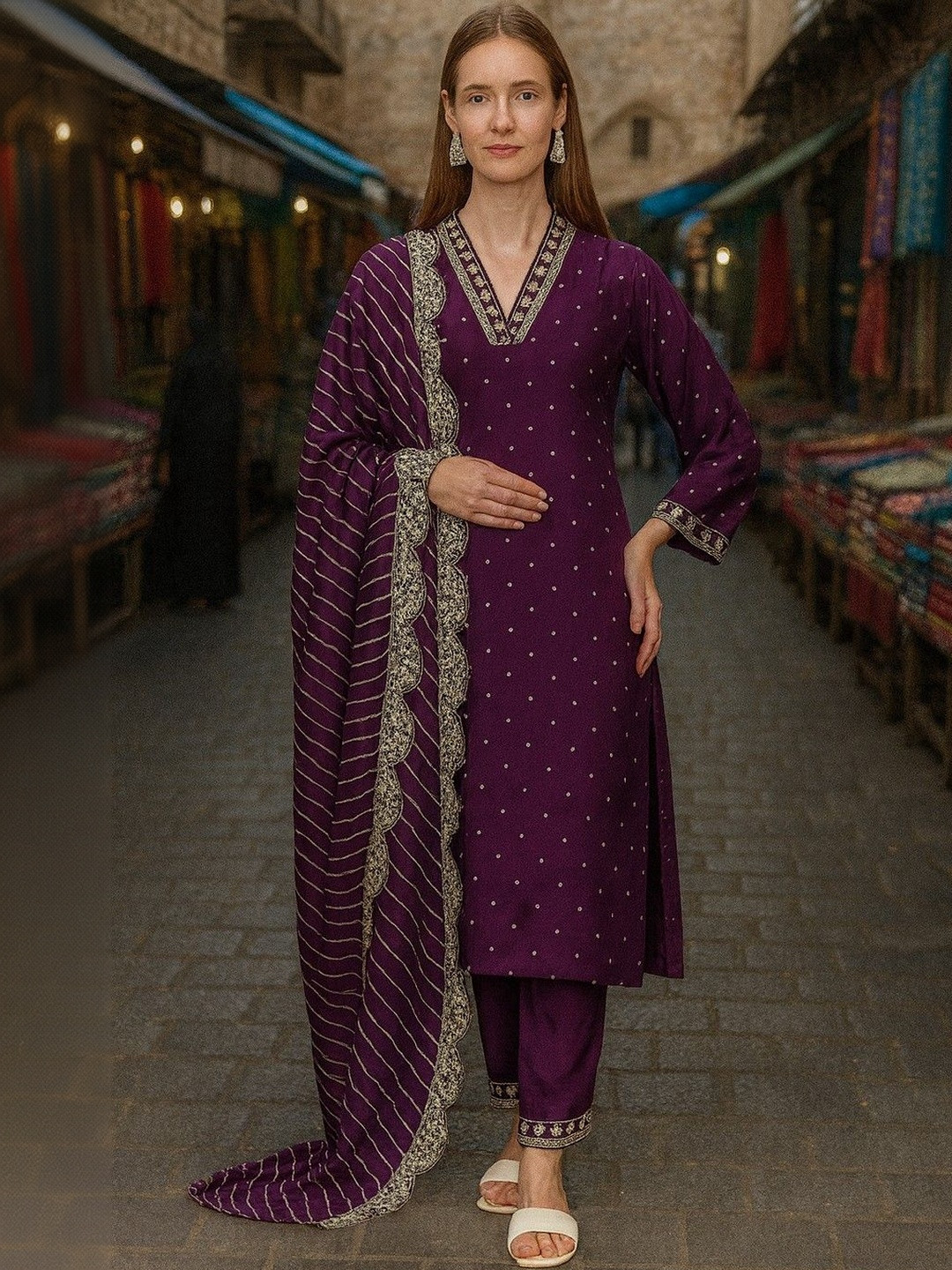 JANOI Women Ethnic Motifs Printed Regular Thread Work Kurta with Trousers & With Dupatta
